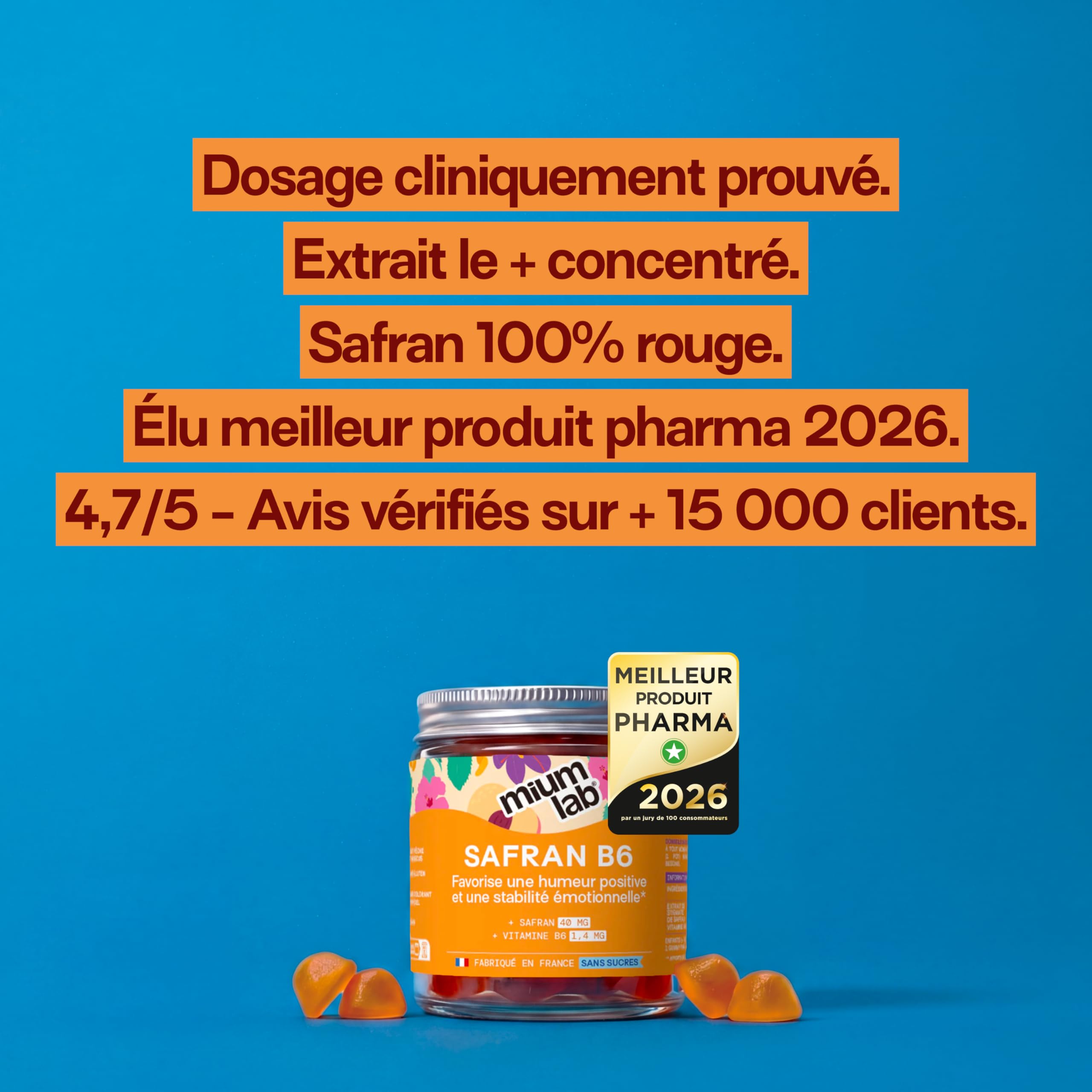 Mium Lab - Gummies Safran Hautement dosé (40mg) et Vitamineamine B6 sans sucres - Enfants et Adultes - Formule exclusive - Programme 3 à 6 semaines - Saveur Pêche - Fabriqué en France