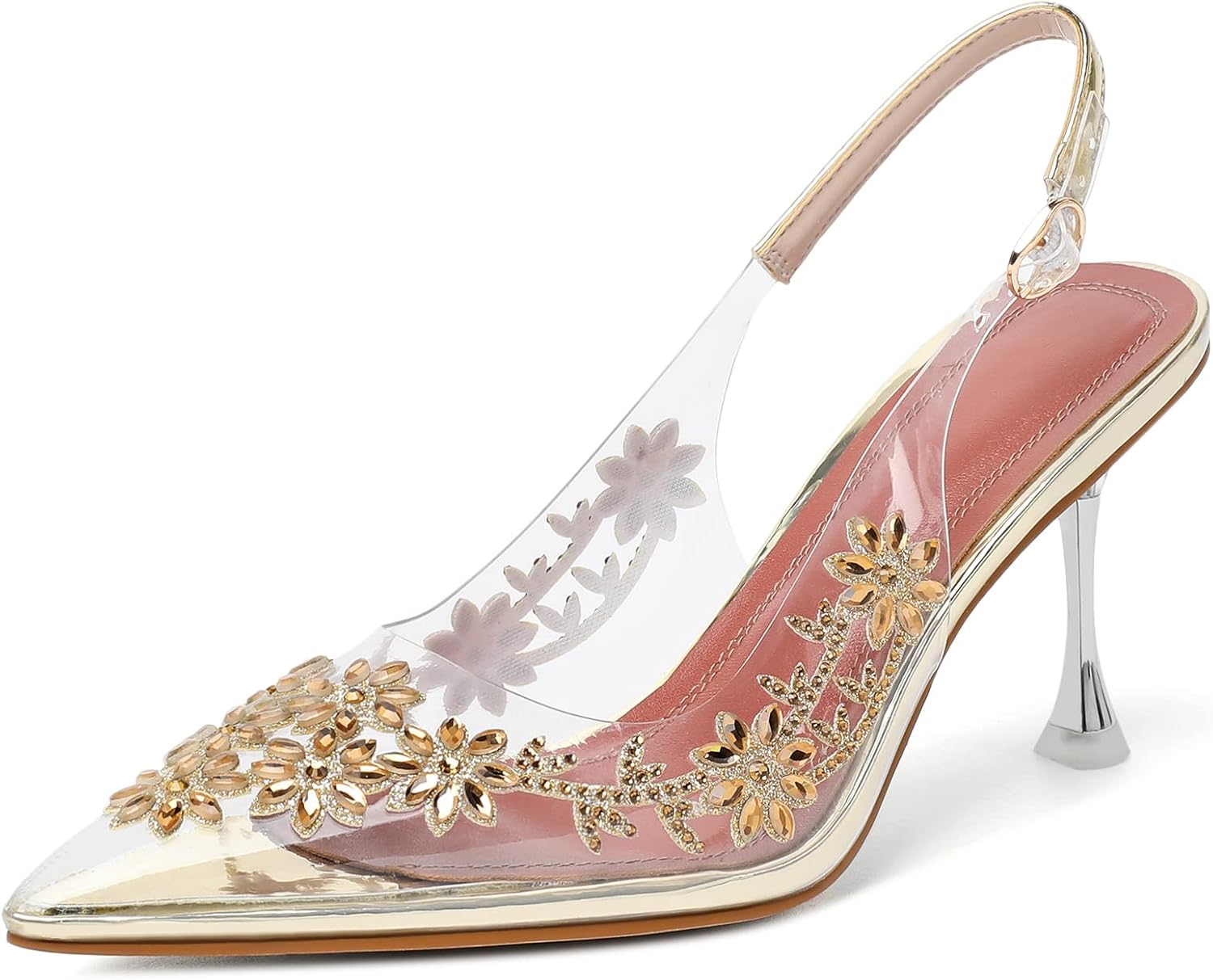 AUMOTED Women’s Clear Mule Sandals Pointed Toe Slingback Heels Rhinestone Heels Pumps Wedding Shoes