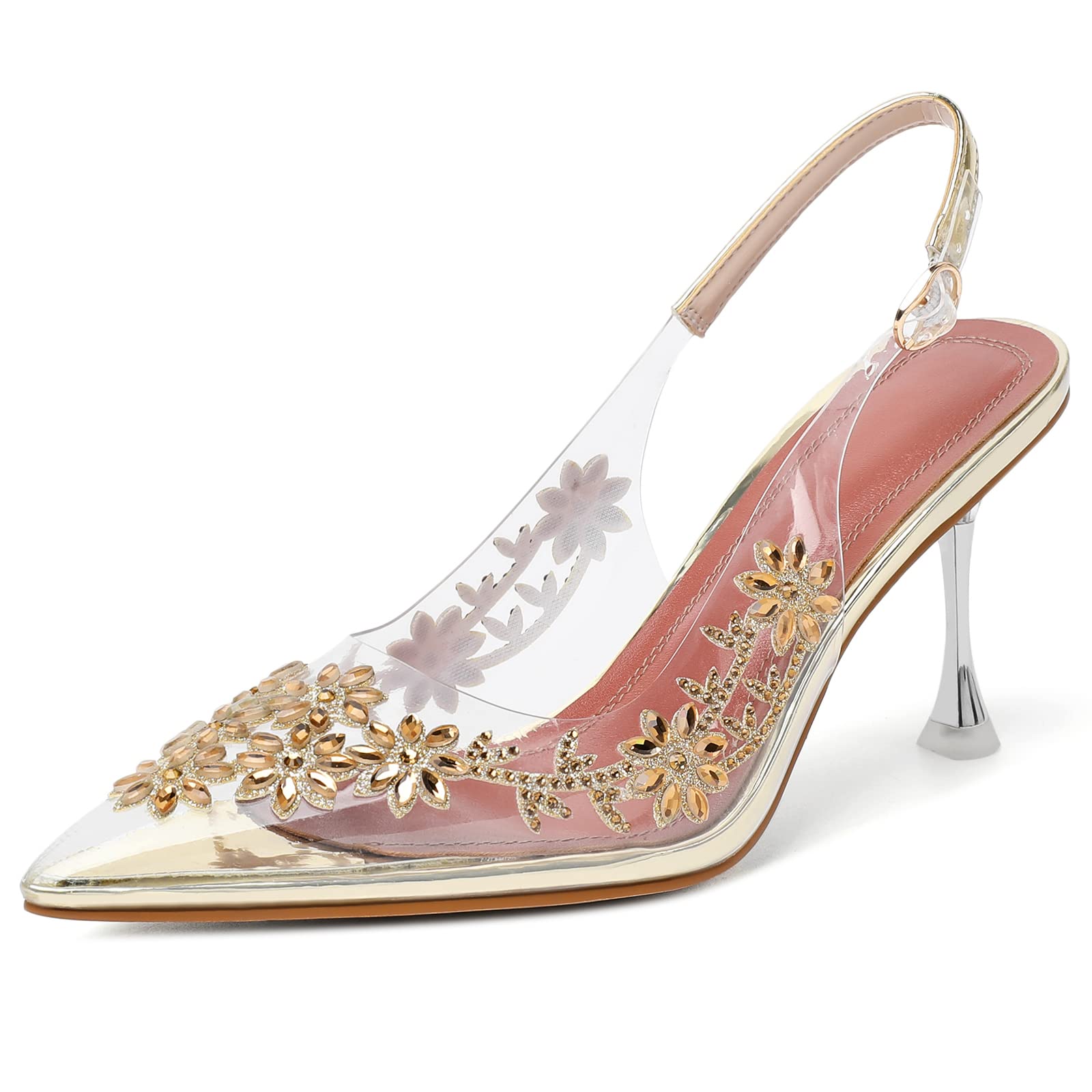 AUMOTED Women's Pointed Toe Heels Rhinestone Heels Pumps Wedding Shoes