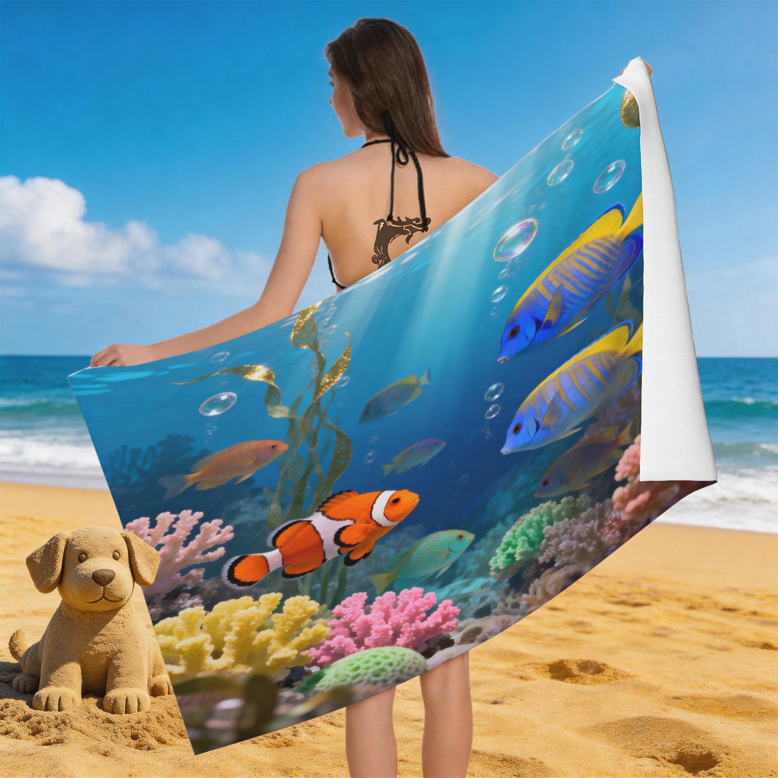 Leichong 3D Clown Fish Beach Towel Large Microfiber Soft Quick Dry for Adults, Coral Reef Bath Towel Lightweight Soft Absorbent for Travel Swimming Pool Sports, 180 x 90 cm