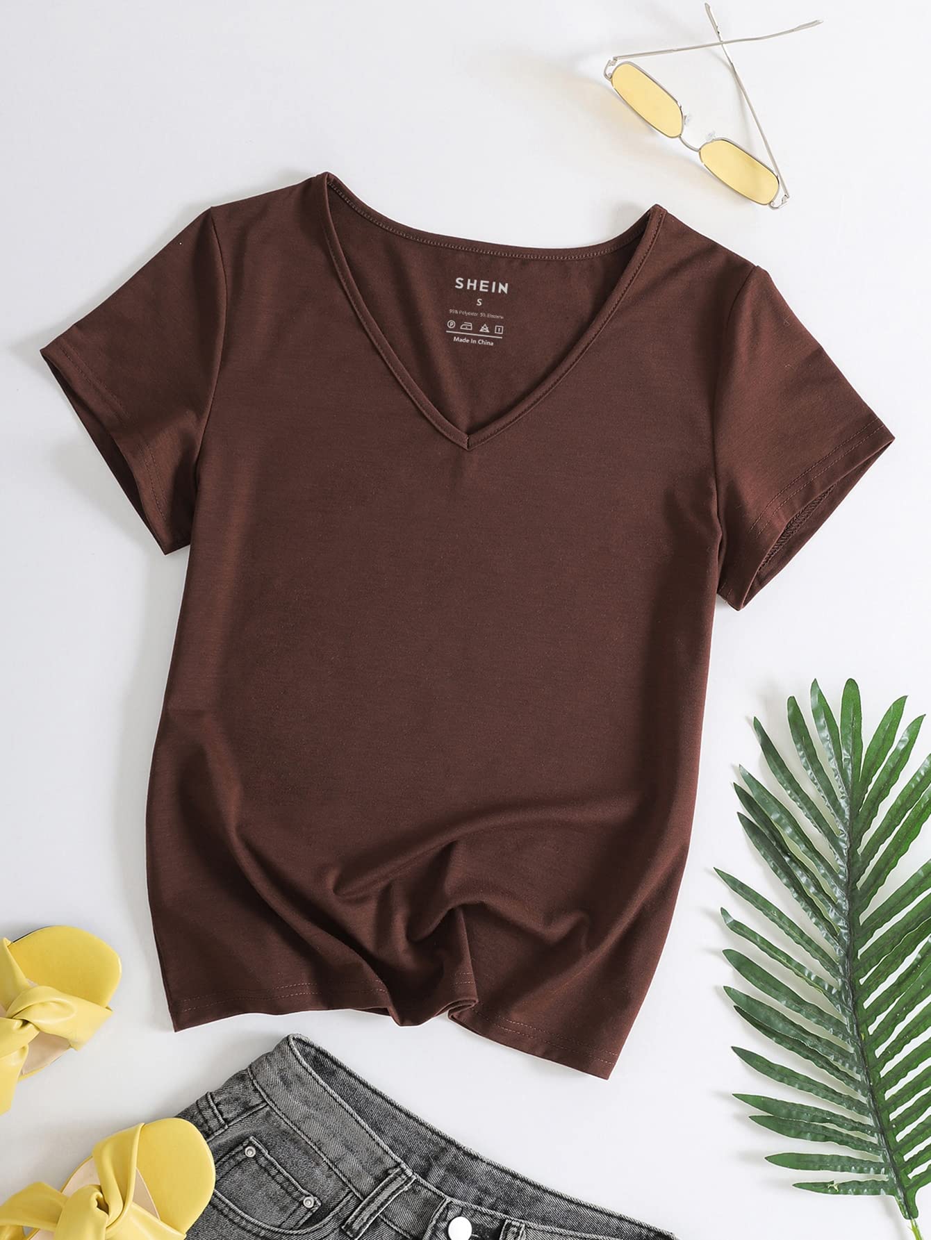DSUBANDSUBAN T-shirt تي شيرت موحدة اللون بياقة (Color : Chocolate Brown, Size : L)