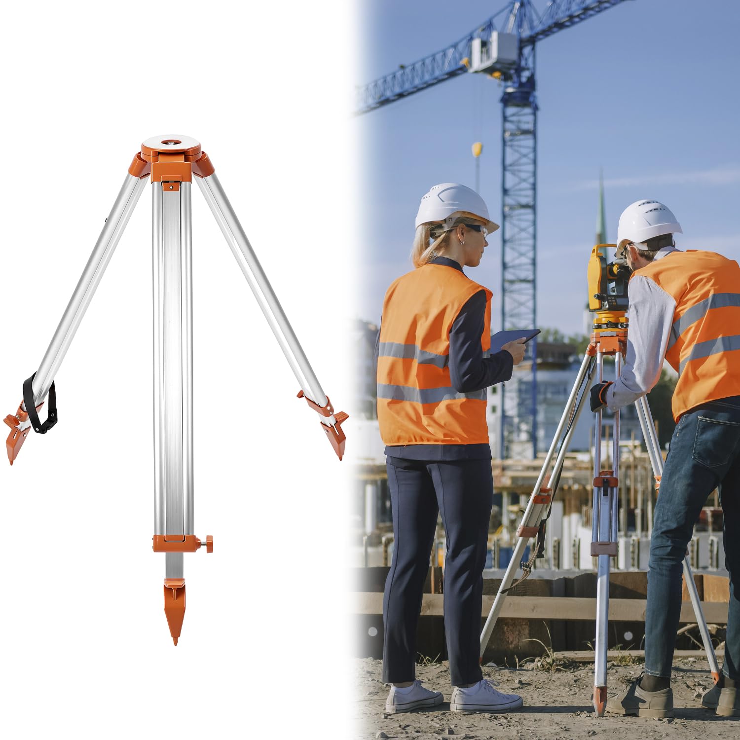 QWORK Trípode de encuesta de aluminio – Trípode de contratista resistente con abrazadera rápida, trípode universal de nivel de tránsito, rosca de 5/8 x 11 pulgadas