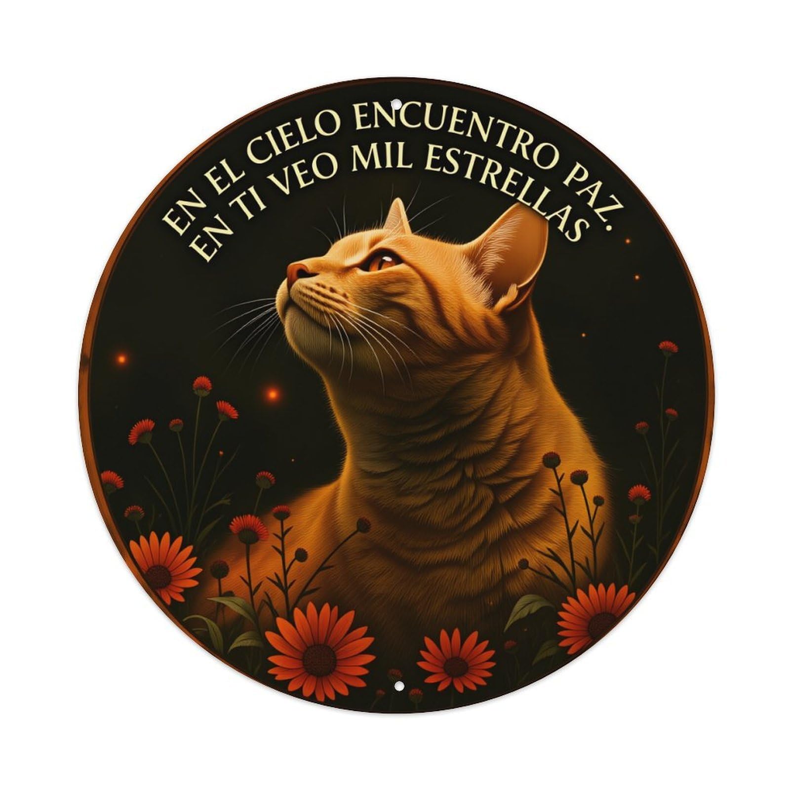 Cat Sky Flowers Stars Peace Round Tin Sign Vintage Metal Poster Retro Bar, Home, Man Cave, Kitchen, Laundry Room Wall Art Decor Gift 8x8Inch