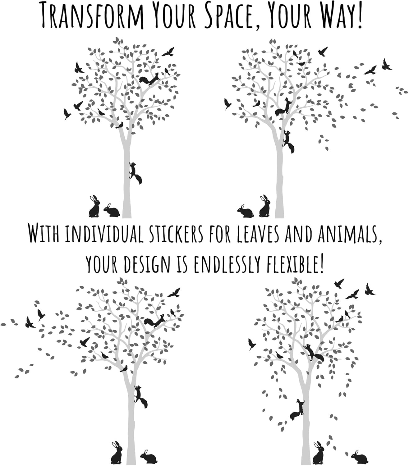 Large Tree Wall Decal Sticker with Birds, Squirrels and Rabbits Bunnies Nursery Mural Decoration 095 (Black, White)
