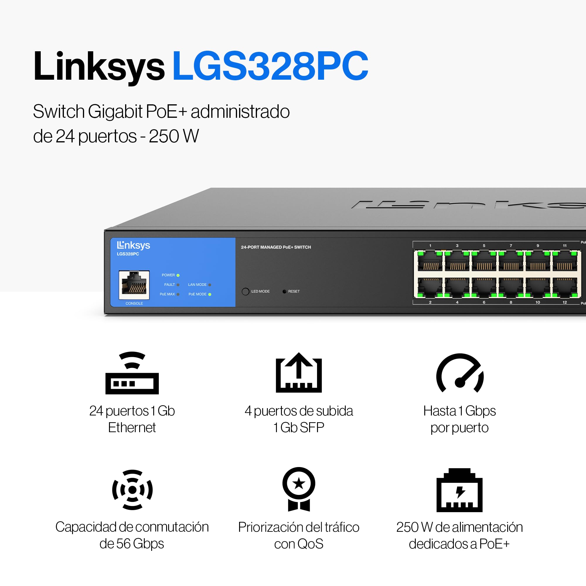 Linksys switch de red Gigabit administrado de 24 puertos LGS328PC con 4 ranuras SFP de enlace de subida de 1 Gb, PoE/PoE+, QoS, enrutamiento estático, VLAN, IGMP, carcasa de metal