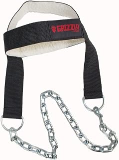 Grizzly Fitness Head Harness for Neck Training | One-Size | Used by Pros | Adjustable Weight Lifting Neck Trainer w/ Steel Chain, D-Ring, & Snap Attachments | Side Strap Swivel for Smooth Motions