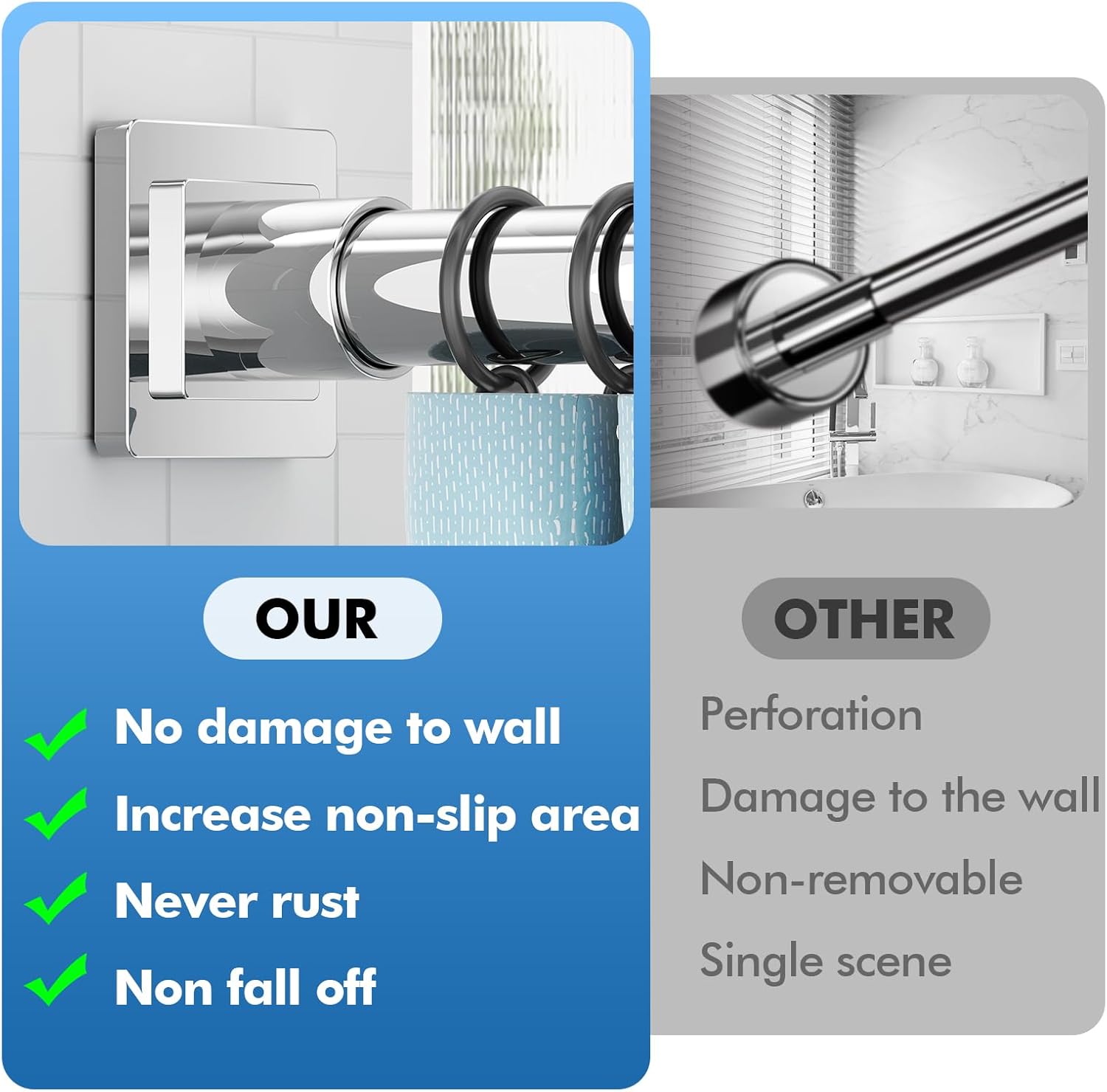 Condition photo showing Good Condition for Chrome Shower Curtain Rod Spring Tension 30 to 68 Inch,1 Inch Diameter Adjustable Shower Rods for Bathroom,No Drilling