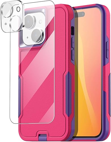 AICase Funda para iPhone 15 con protector de pantalla de vidrio + lente de cámara, resistente protección contra caídas, cuerpo completo, resistente,