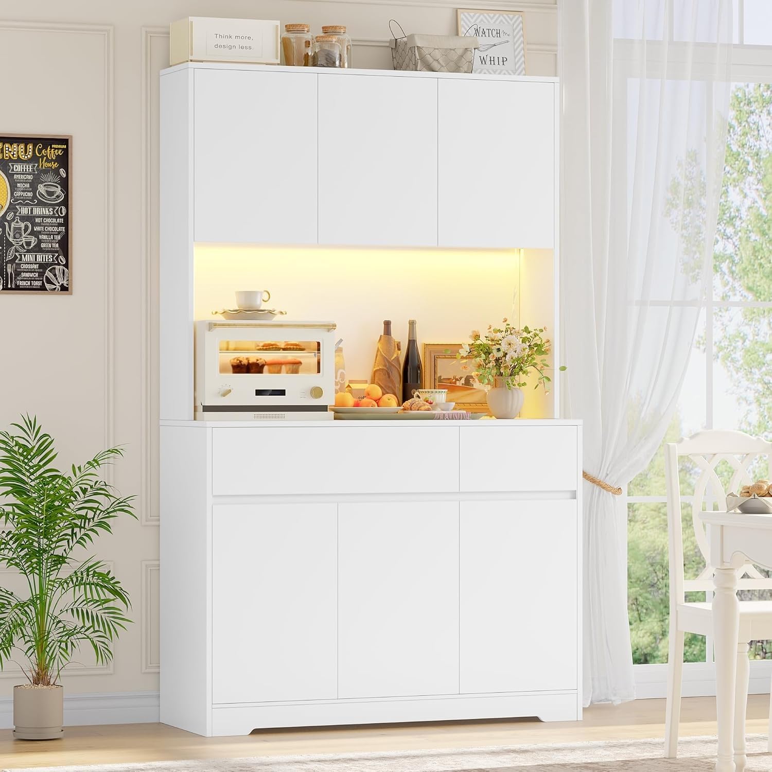 FirFurd Mobile Cucina, Credenza Cucina Alta con Presa e Luce LED, Mobile Dispensa con Ripiani Regolabili, Ampio Piano di Lavoro, per Sala da Pranzo, Soggiorno, 100x38,5x180cm (Bianco)