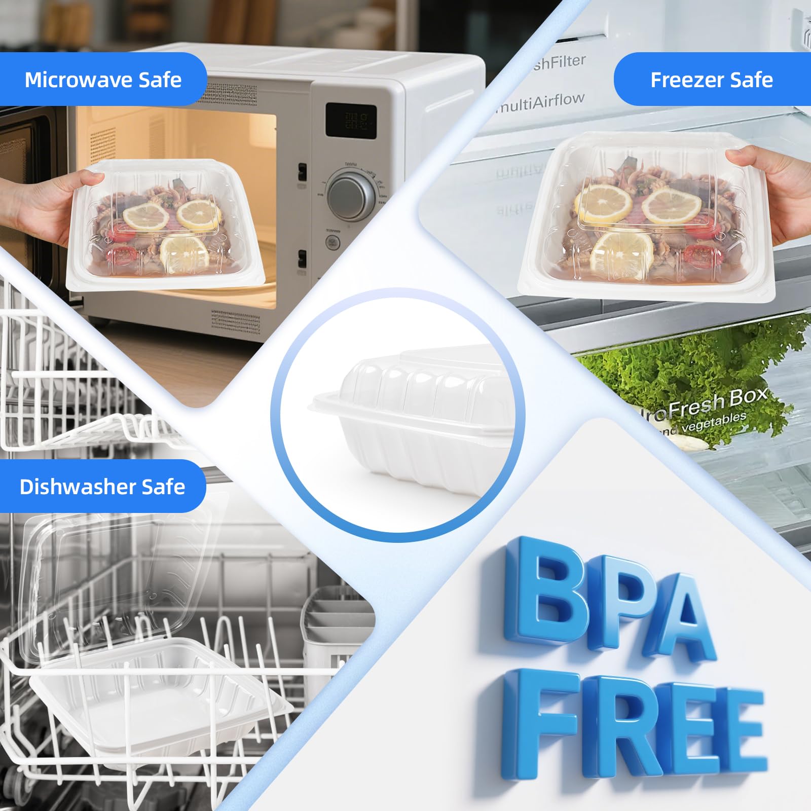 YANGRUI Contenedores para llevar, envoltura retráctil antivaho, paquete de 25 unidades, 8 x 8 pulgadas, 34 onzas, contenedor blanco para preparación de comidas, sin BPA, apto para microondas y