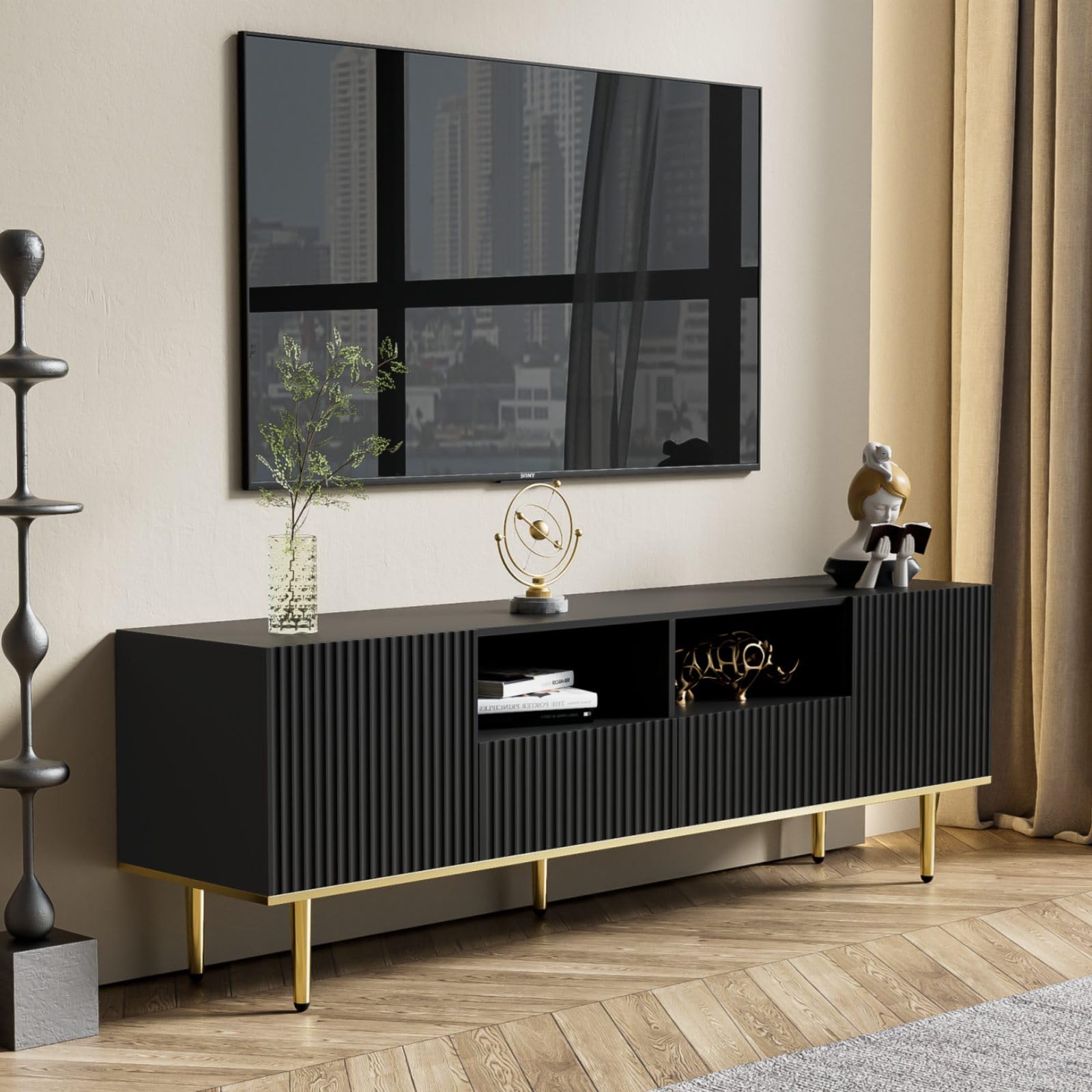 KOMHTOM Supporto per TV nero credenza TV mobile lowboard con cassetti e gambe dorate tv board per camera da letto soggiorno (nero+oro)