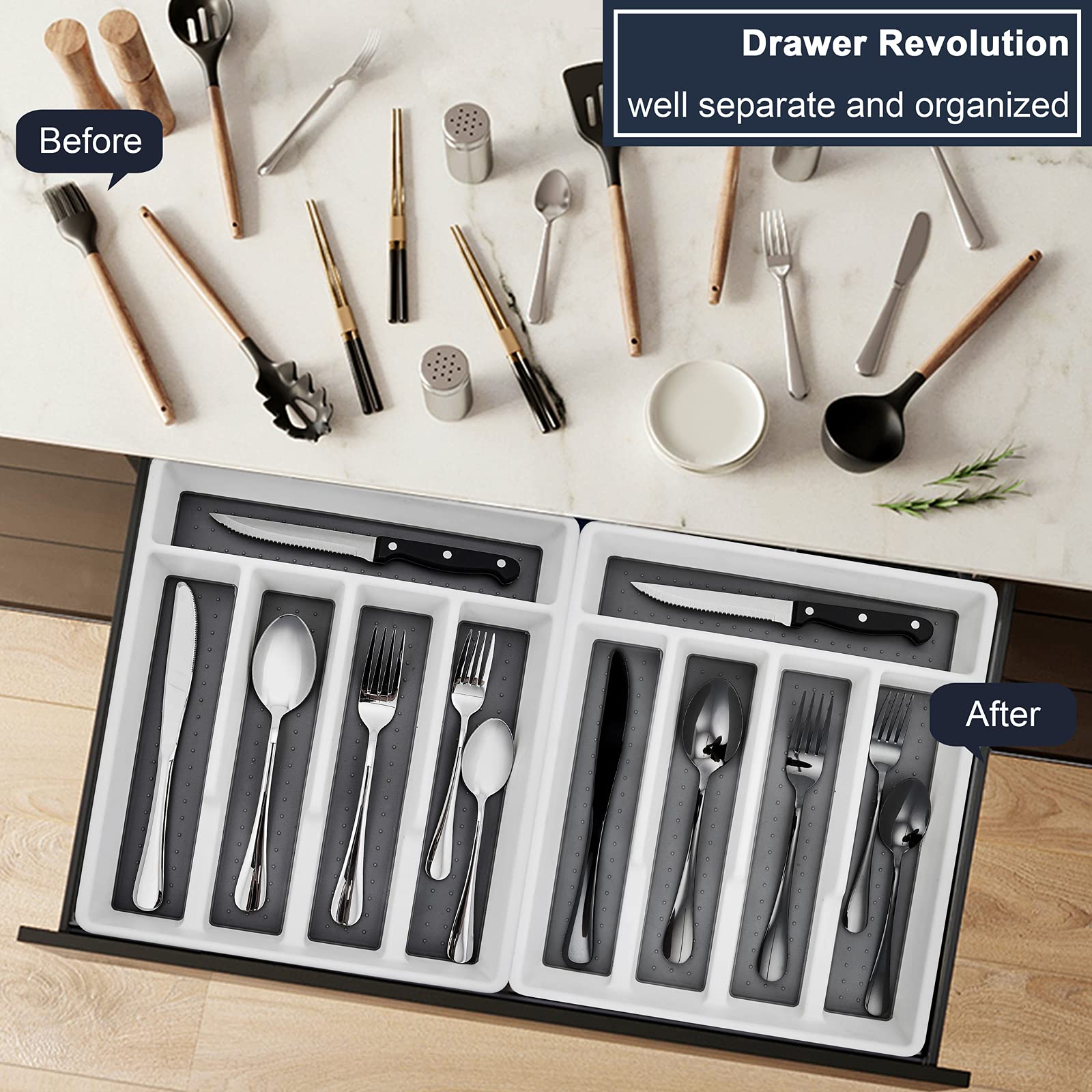 sinzau Portaposate, Organizer per Posate per Casa, Cucina, Portautensili per Cucchiai, Forchette, 5 Scomparti Portaposate cassetto, Sistema di organizzazione portaposate, Bianco