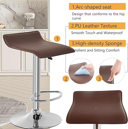 Miniatura 5 de PayLessHere Juego de 2 taburetes de bar modernos de altura ajustable con reposapiés de piel sintética para cocina, encimera, comedor, bar, cafetería