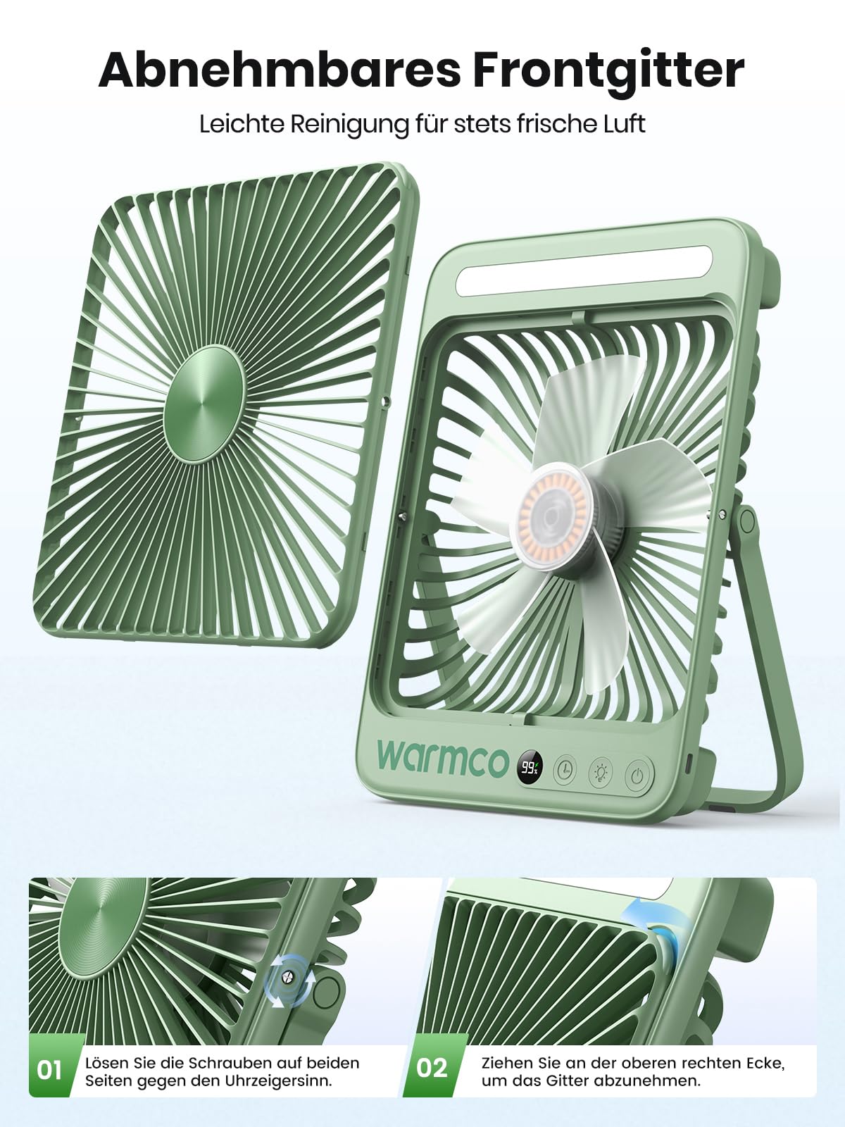 Warmco D4 Max Akku Camping Ventilator 20000mAh, 45W Schnellladung, 8H Timer | 2,5 Std. Volladung, LED-Laterne & Haken, Leiser Ultraflacher Tragbarer Ventilator Für Zelt, Wohnmobil, Schlafzimmer