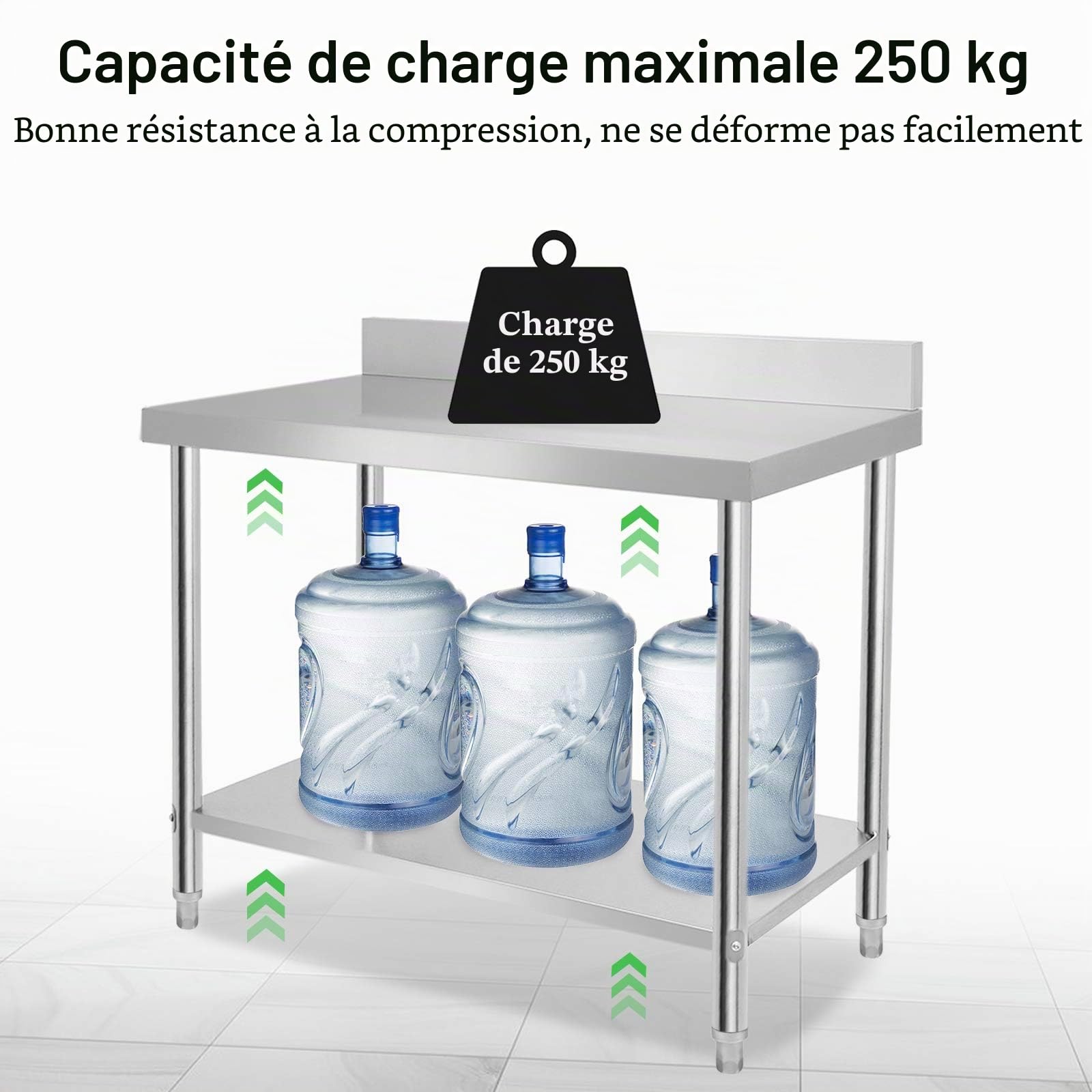 UISEBRT Table de travail en acier inoxydable avec bords biseautés, table de cuisine avec pieds réglables, table de cuisine avec étagère inférieure extra large, 120 x 60 x 85 cm, avec bord arrière