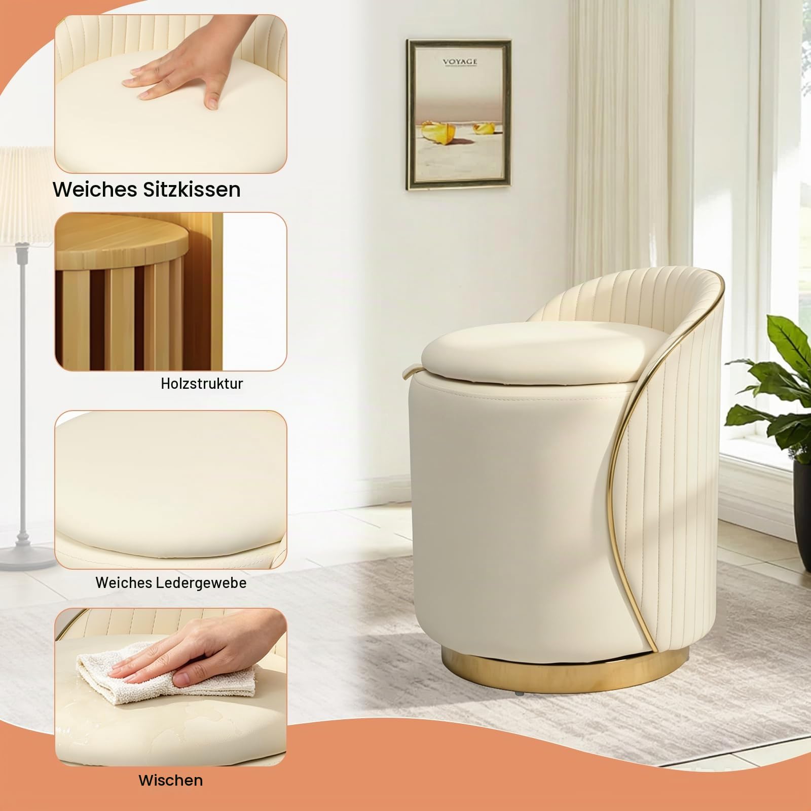 Schminkhocker, Schminkstuhl 360° Drehbar, Sitzhocker Rund mit rutschfeste Fußpads, Gepolstert Hocker Schminktisch Samt für Schminktisch, Schlafzimmer, Wohnzimmer (B-Cremeweiß)