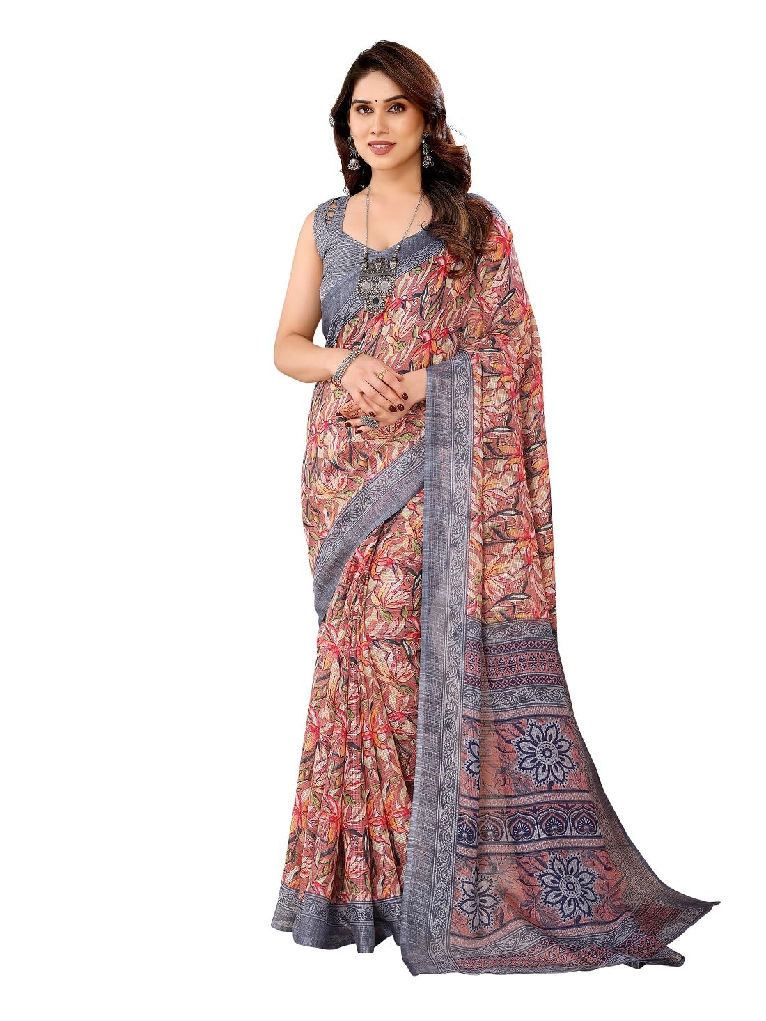 RAJESHWAR FASHION WITH RF Women's Kota Doria Floral Printed Fancy Sarees For Girls With Blouse Piece,Saree Length-5.50 Mtr,Blouse Length-0.8 Mtr(Tulsi)