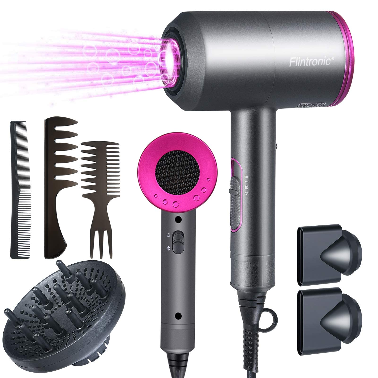 Flintronic Asciugacapelli 2000W Potente, Phon per Capelli con Motore AC, Professionale Ioni Asciugacapelli con 3 Velocità e Pulsante di Caldo Freddo Indipendente - 3 Diffusore e 3 Pettini Incluso #2 Stile Di Aggiornamento