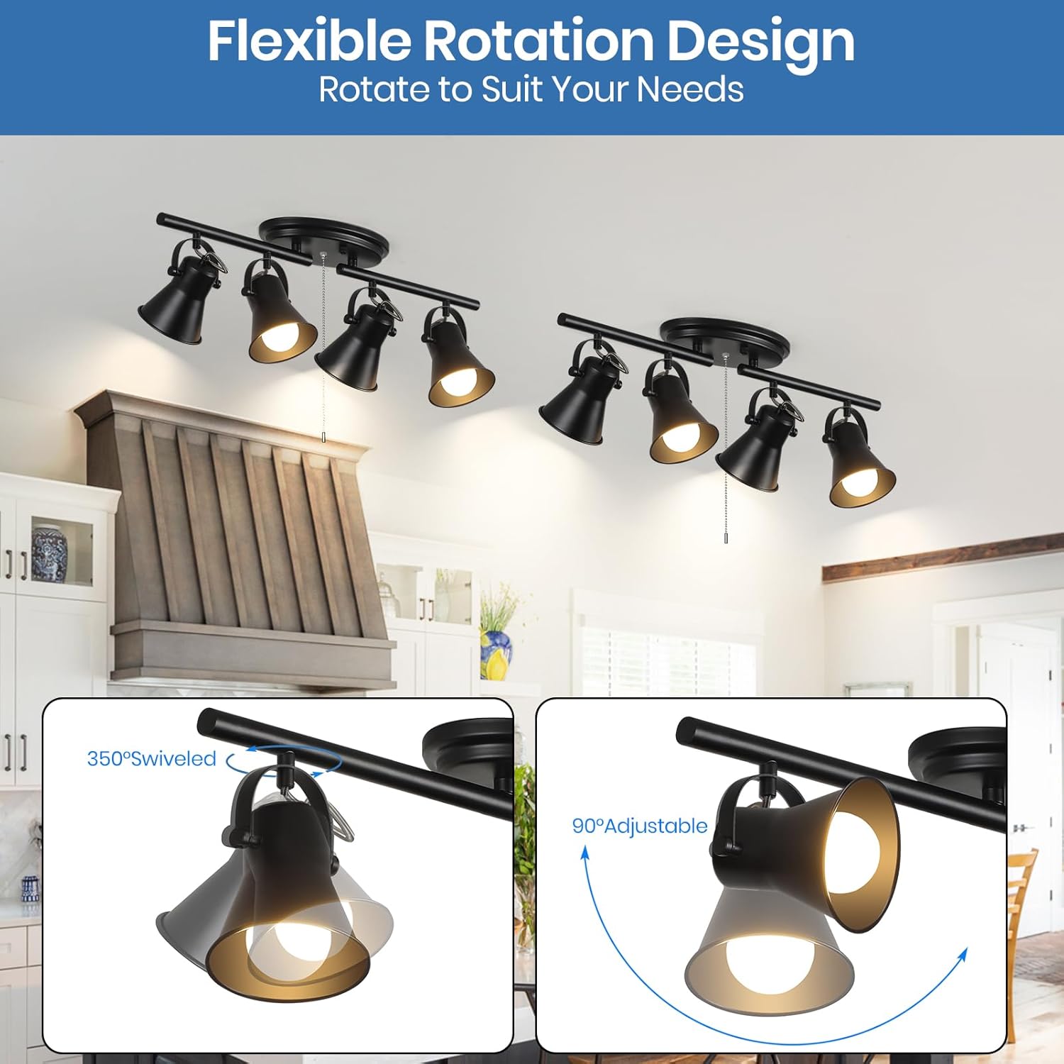 SEEBLEN 4-Light Track Lighting with Pull Chain, Black Kitchen Track Lighting Fixtures Ceiling with Flexibly Rotatable Light Heads, Pull Chain Light for Kitchen, Living Room, Dining Room, Hallway.