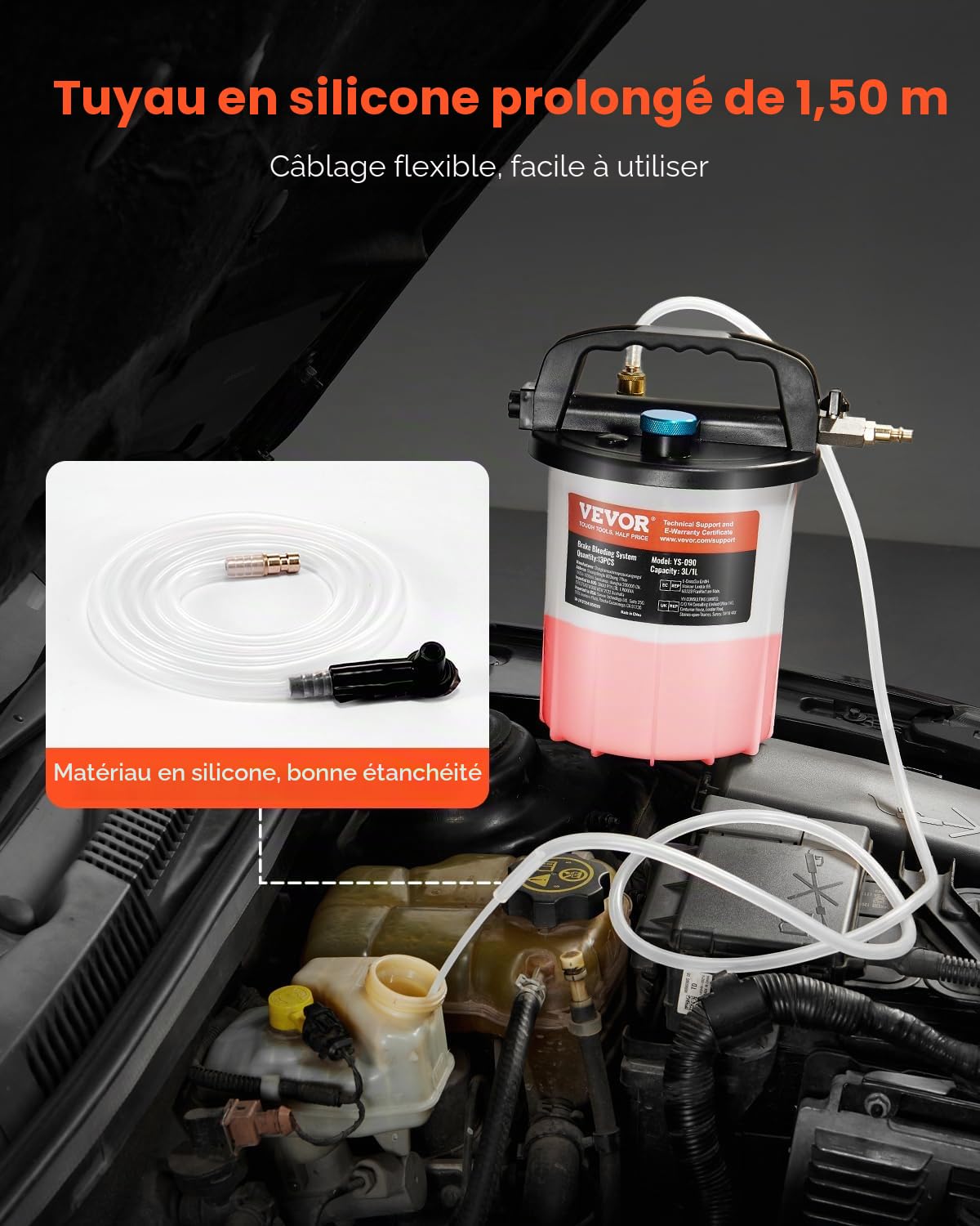 VEVOR Kit purge de frein 3 L, extracteur de liquide de frein avec bouteille de remplissage de siphon de 1 L, 13 connecteurs de tuyau, tuyau en silicone étendu et poignée, pour la plupart des véhicules