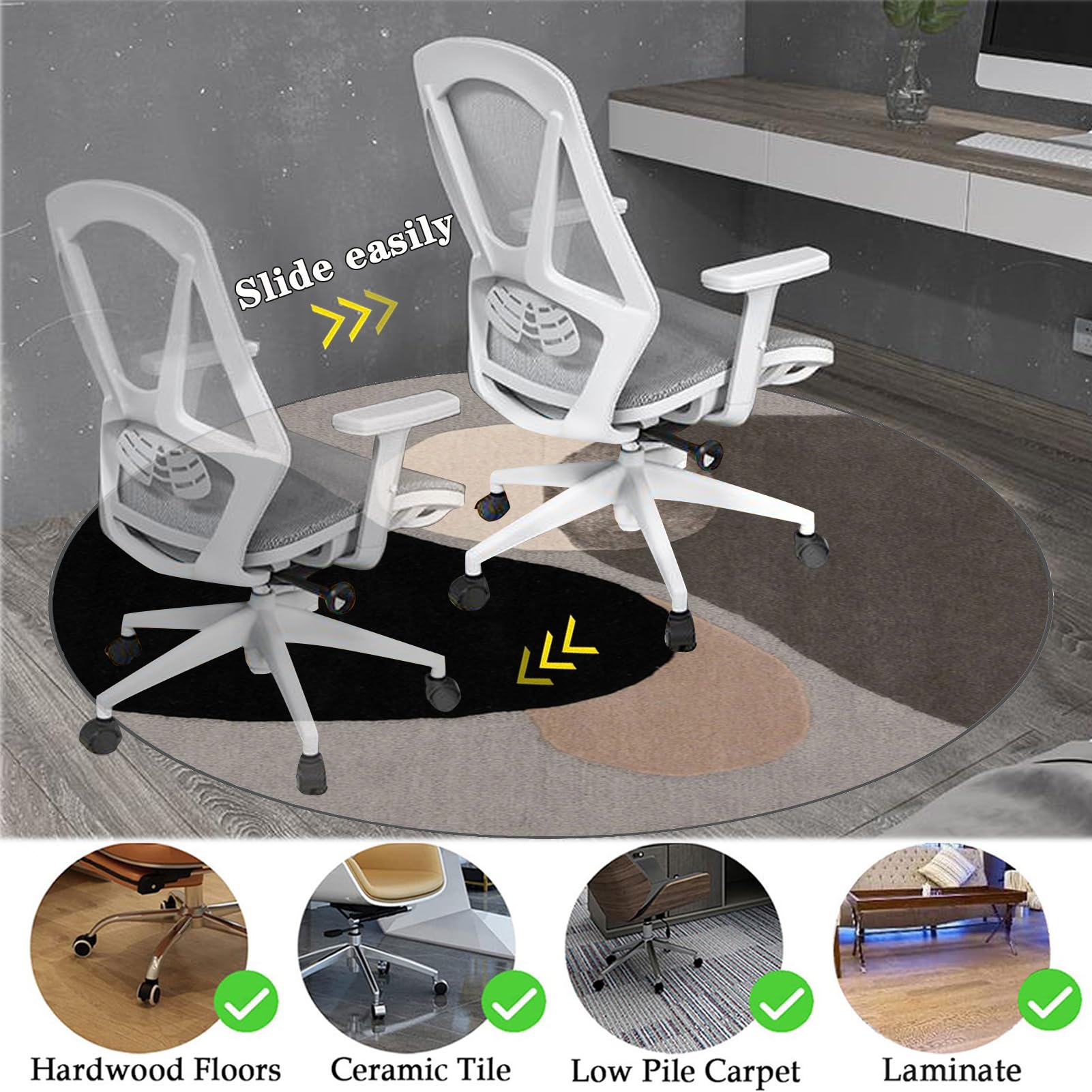 Tapis Rond Chaise Bureau 90 Cm – Antidérapant Protection Sol Gaming – Tkuhknag – Gris/Noir – Sous Fauteuil & Fauteuil Bureau