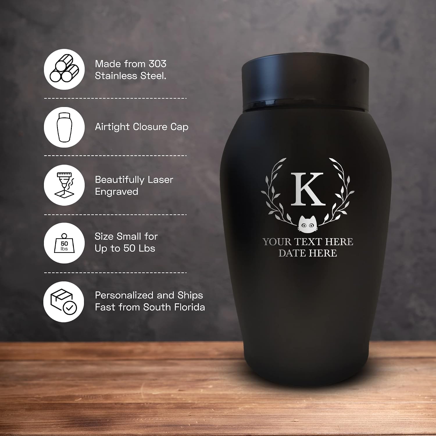 Personalized Custom Stainless Steel Pet Urn with Airtight Closure Cap for Cats | Engraved Cat Design, Name and Date - Cremation Cat Urn for Ashes | 7" x 5", Cat Face + Leaves Borders (Black)