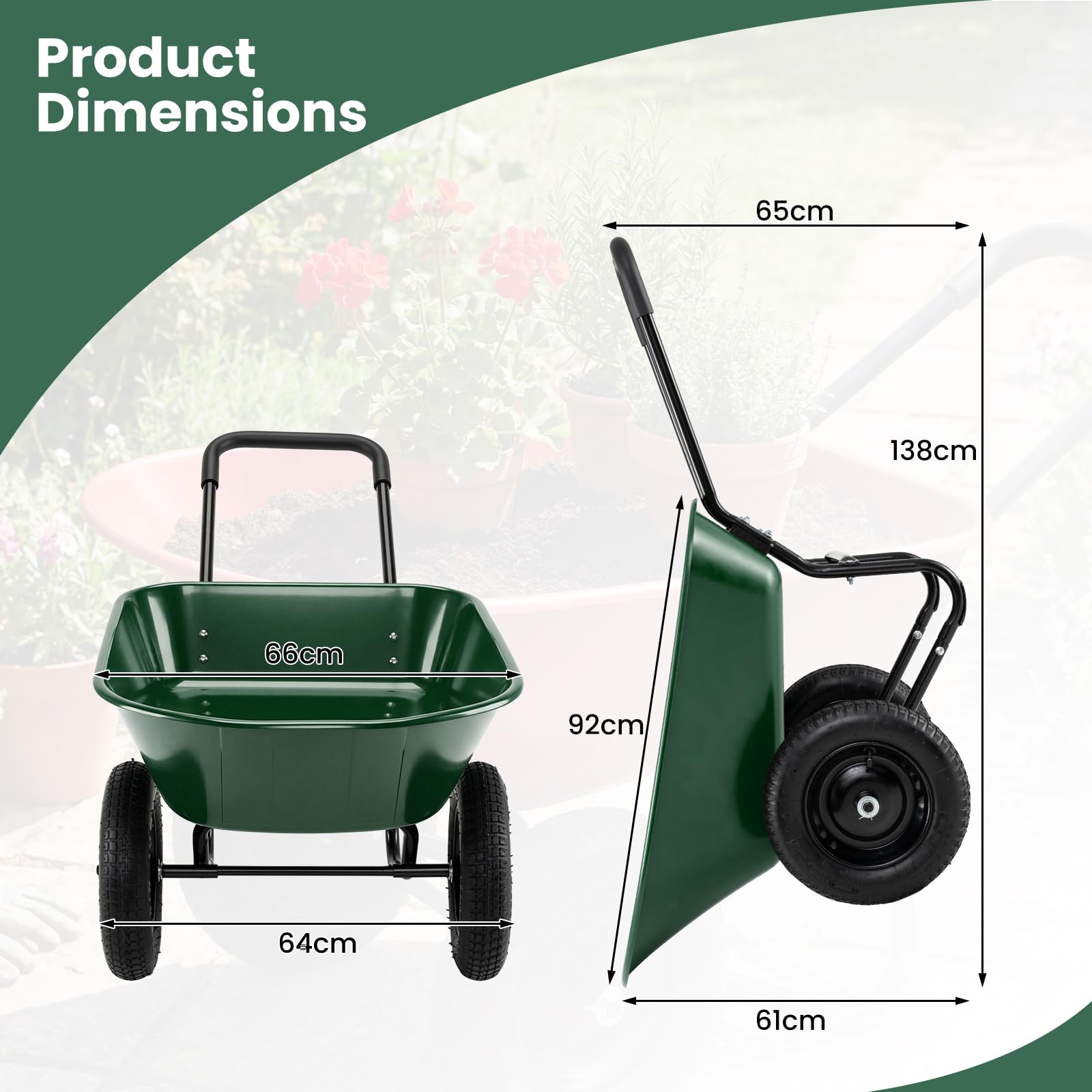 TANTASK - Carriola da giardino a 2 ruote, 78 l, con funzione di ribaltamento, telaio in metallo, portata 100 kg, carriola da giardino, carrello da trasporto per giardino e cortile (verde)