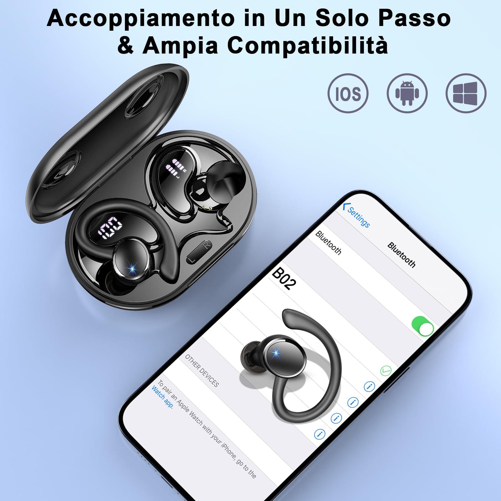 Cuffie Bluetooth Sport 5.4 HiFi Stereo 50 Ore Cancellazione Rumore Mic Ricarica Rapida USB-C IP7 Impermeabile Running