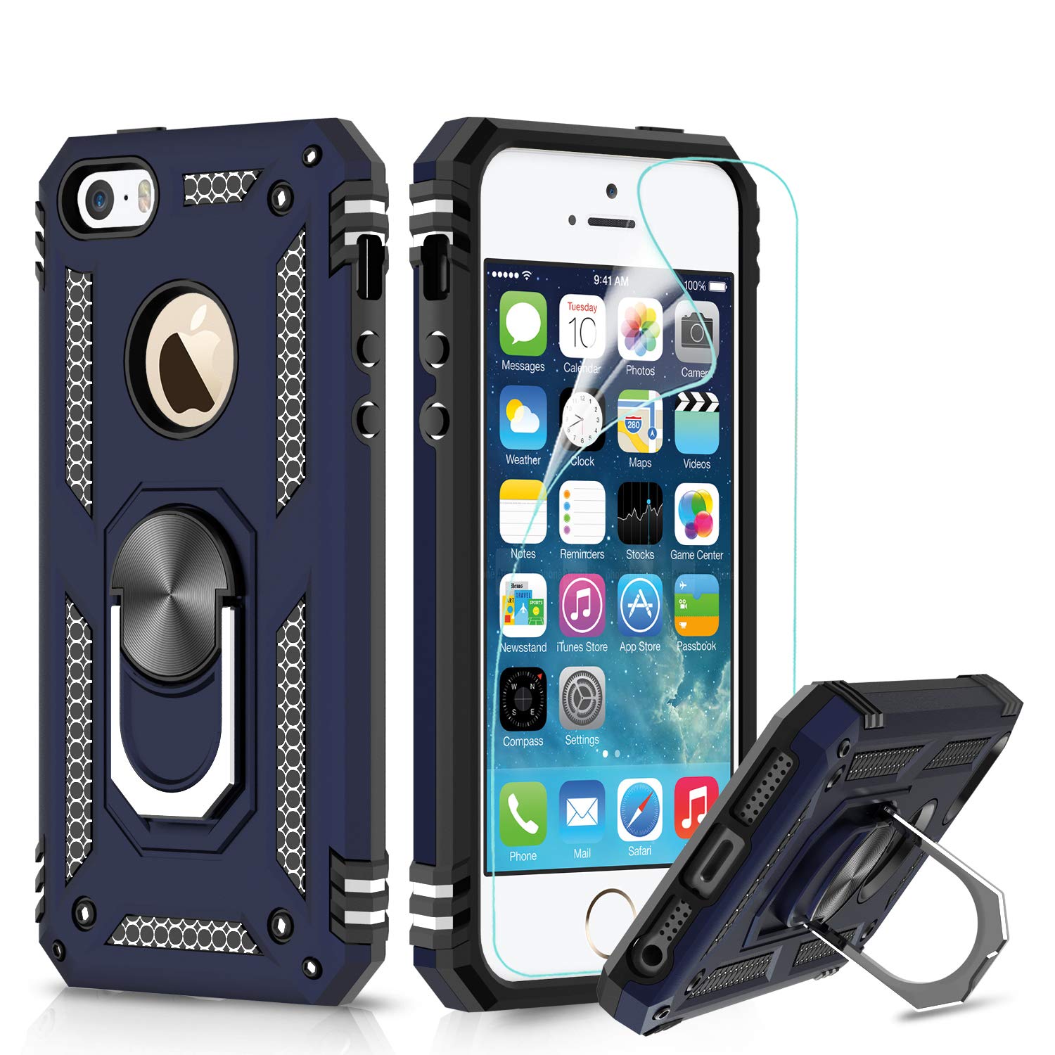 LeYiiPhone SE/5S/5 Case with Ring Holder Kickstand, Full Body Protective Silicone TPU Personalised Shockproof Tough Armour Phone Cover with Screen Protector for Apple iPhone SE/5S/5 Dark Blue