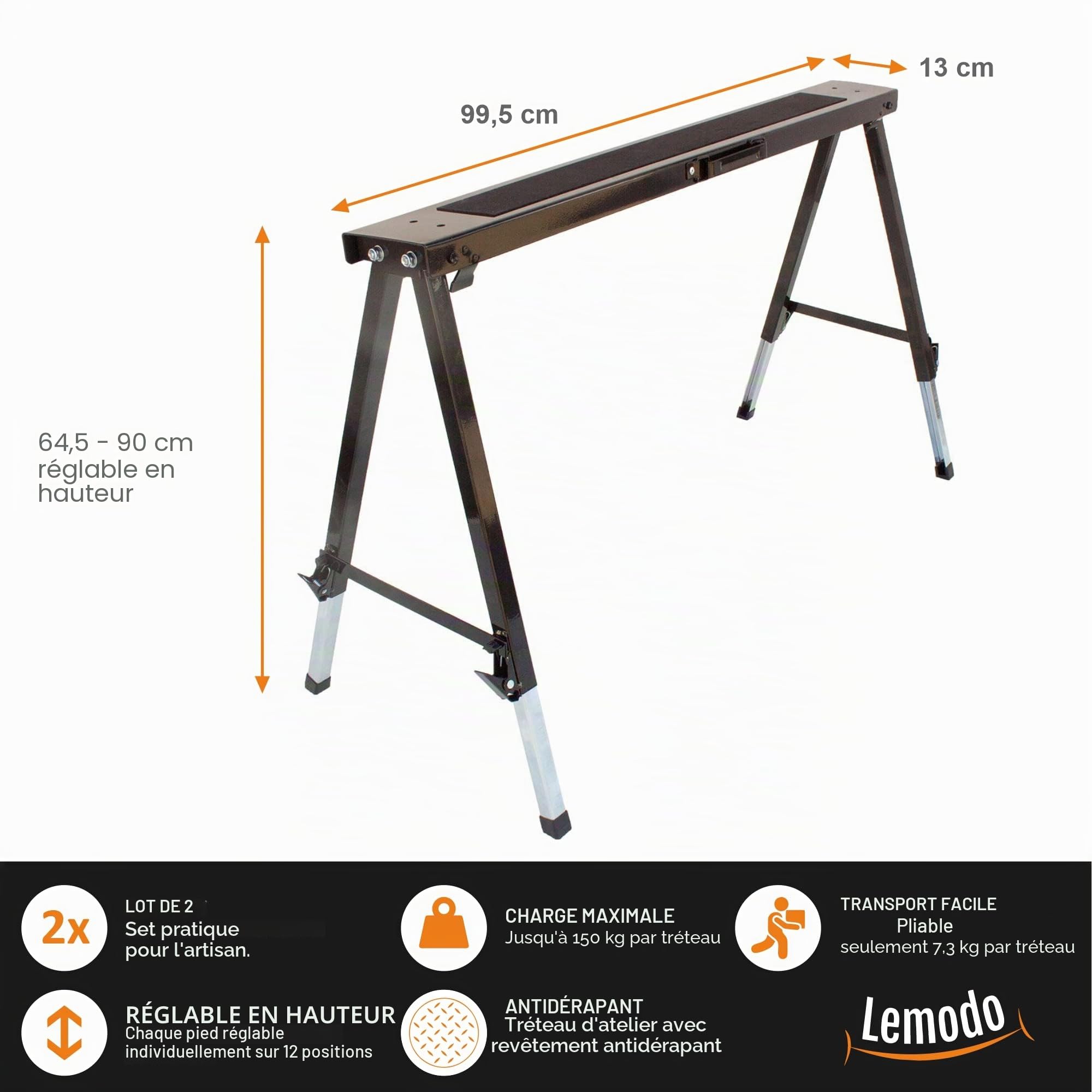 Lemodo Lot de 2 tréteaux de travail réglables en hauteur - Avec poignée de transport pratique - Capacité de charge de 150 kg et support antidérapant