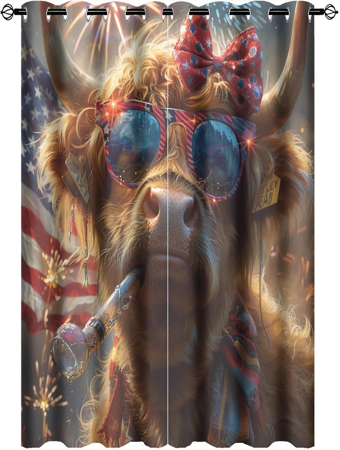 Funny Highland Cow Curtains for Bedroom, American Flag Fashion Sunglasses Grommet Blackout Curtains Thermal Insulated Window Drapes for Living Room, 21W x 63L, 2 Panels