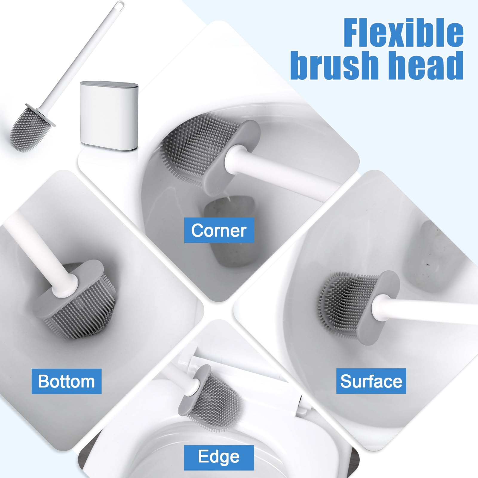 Blendura Brosse Toilettes WC, Brosses WC Silicone Balai Toilette WC Brosse WC et Supports et Base Anti-Goutte, Montage Mural ou au Sol pour Salle de Bain, Toilettes