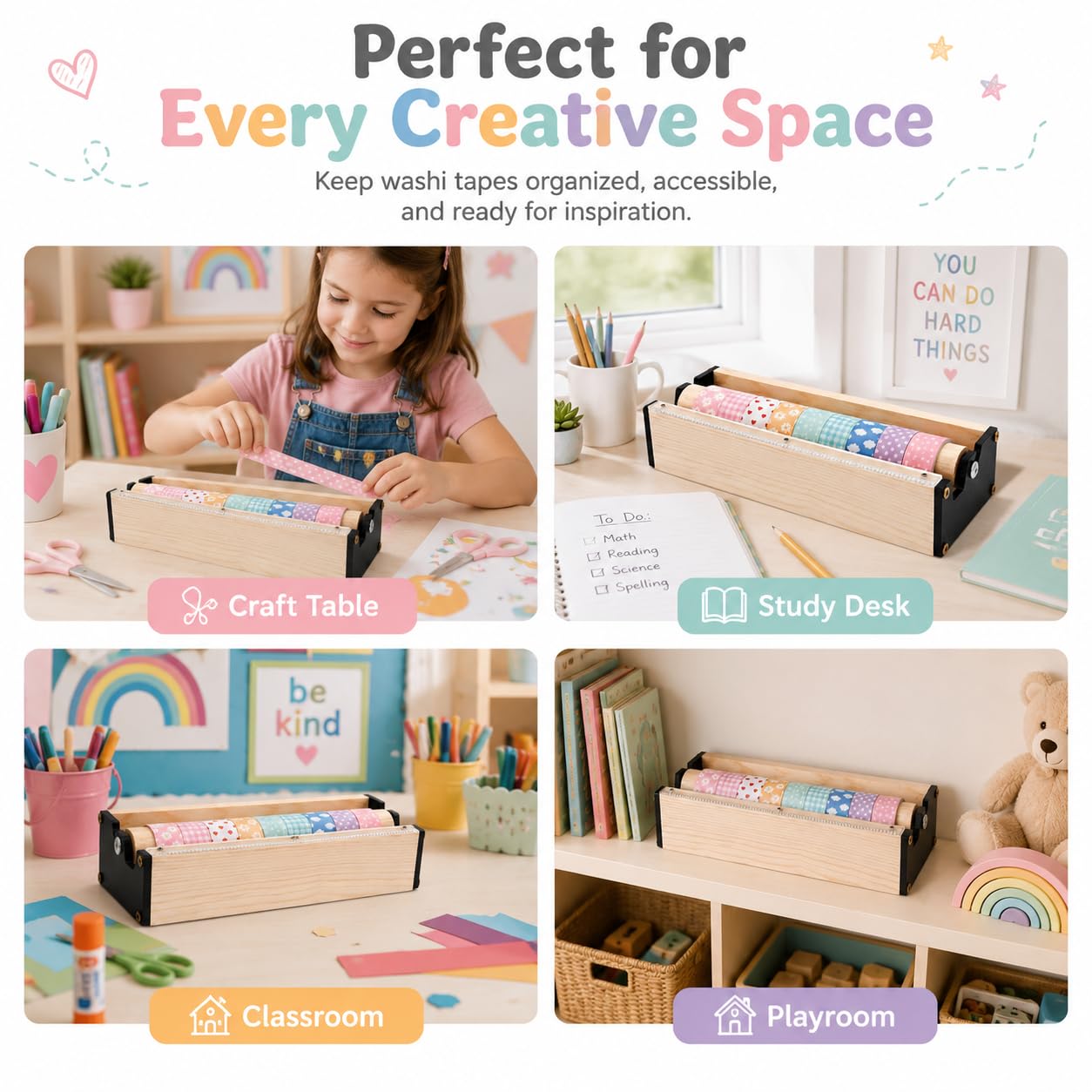 Dispenser di nastro adesivo Washi in legno con taglierino, supporto organizer per artigianato per bambini