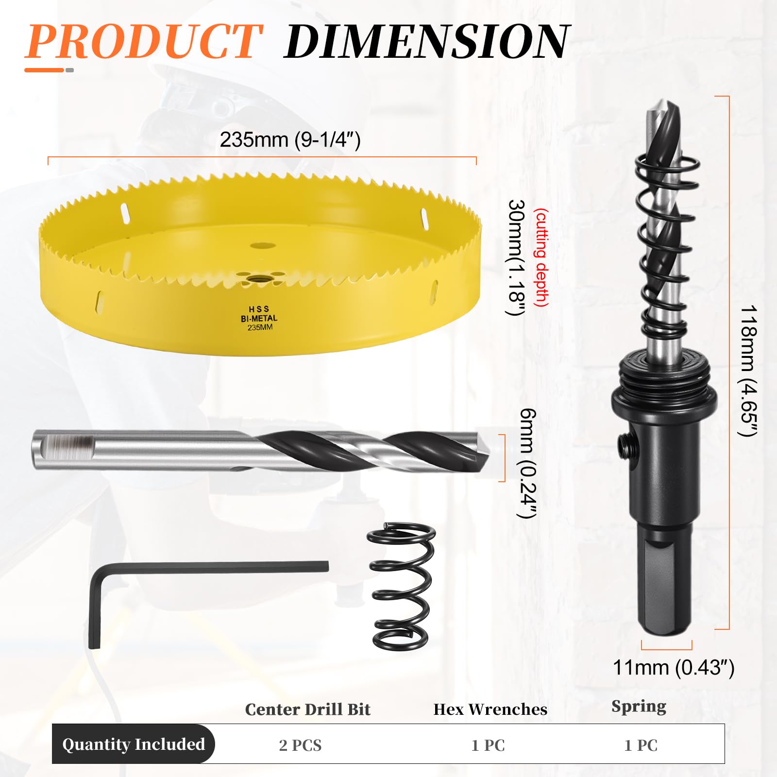 METALLIXITY Sierra Perforadora Bimetálica 235mm, M42 HSS Sierra Taladro con Llave Hexagonal, Punta Guía y Resorte para Taladrar, Chapa Metálica, Placa de Plástico y Tableros de PVC, Amarillo