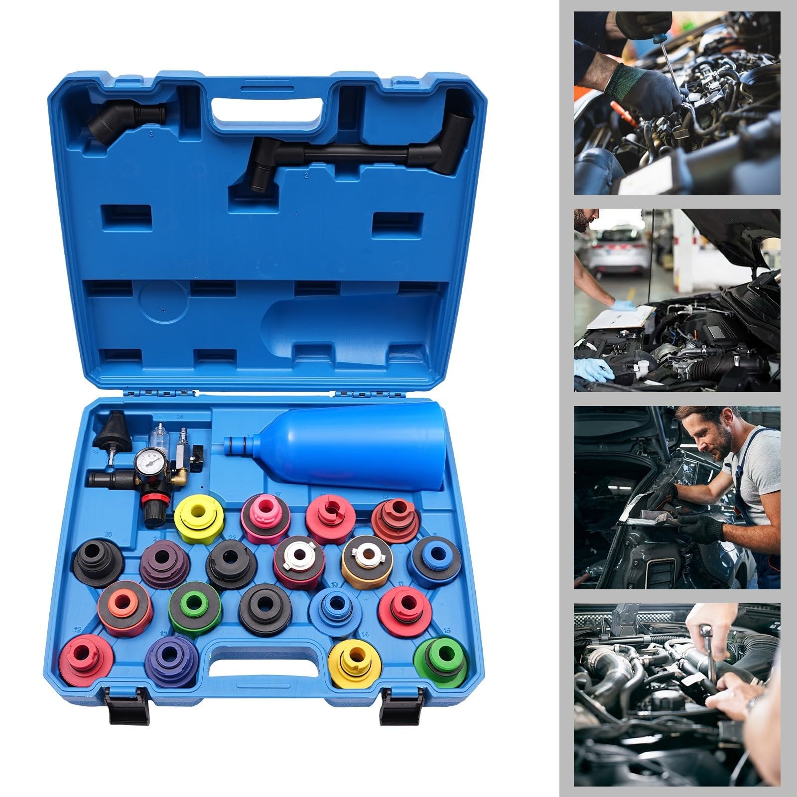 Kit di ricarica per olio motore, 24 pezzi, con unità ad aria compressa, 19 tappi di chiusura, imbuto 2 litri, kit per cambio dell'olio, per Audi BMW, Mercedes, officina, manutenzione auto, riparazione