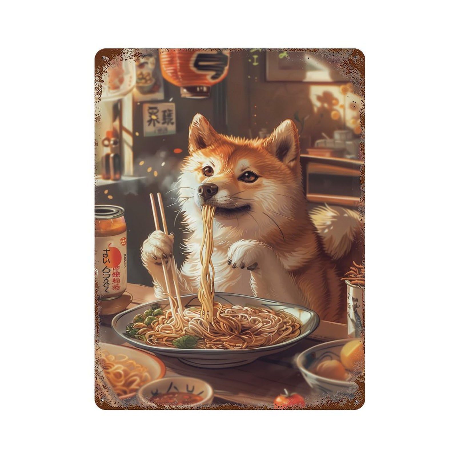 Garage Style Ramen Shiba Inu Rusty Metal Tin Sign 15.7"x11.8", Shabby Chic Decor for Bar And Workshop