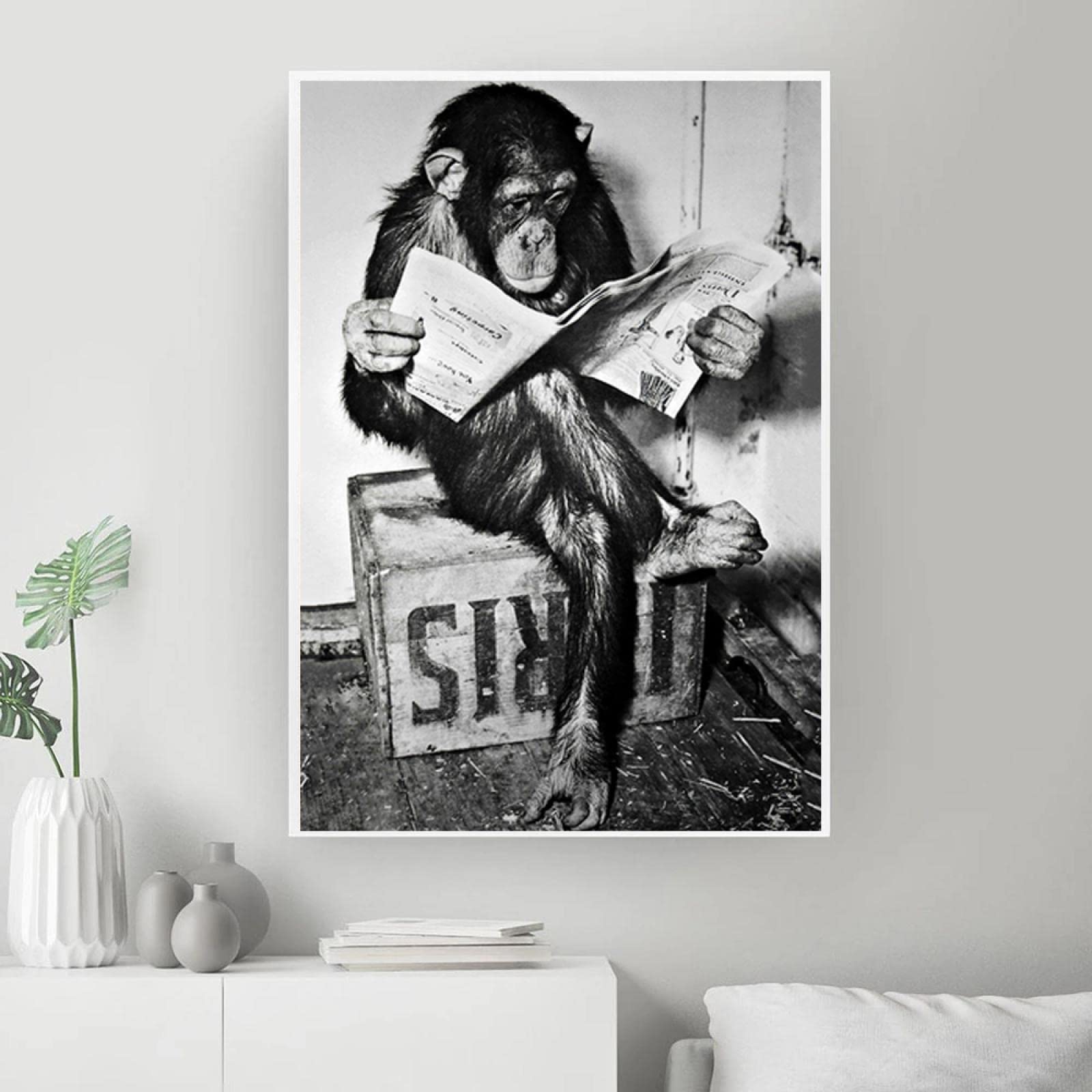 Divertido mono leyendo periódico carteles de negocios y pintura carteles de inodoro e impresiones decoración del hogar imágenes artísticas de pared 70x105 cm (27,6x41,3 pulgadas) con marco