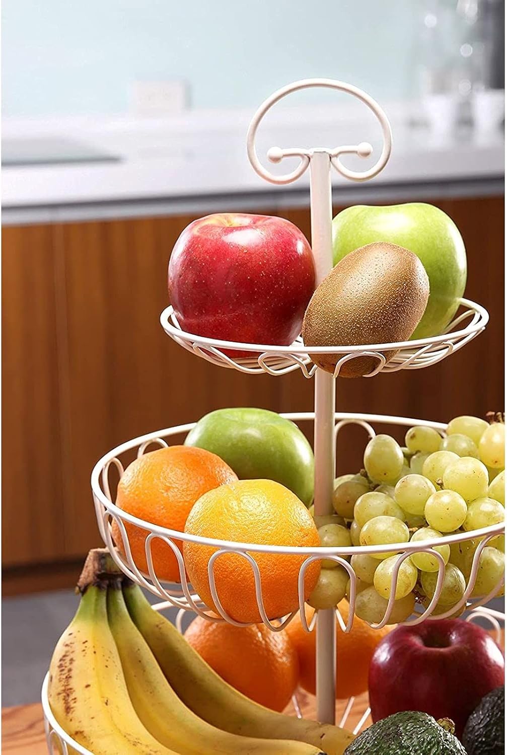 Juvale Countertop Fruit Bowl 3-Tier Wire Fruit Basket - 18.25 in Tall, White Metal, Classic Round Style - Space-Saving Kitchen Organizer & Produce Stand with Tool-Free Assembly & Carry Handle