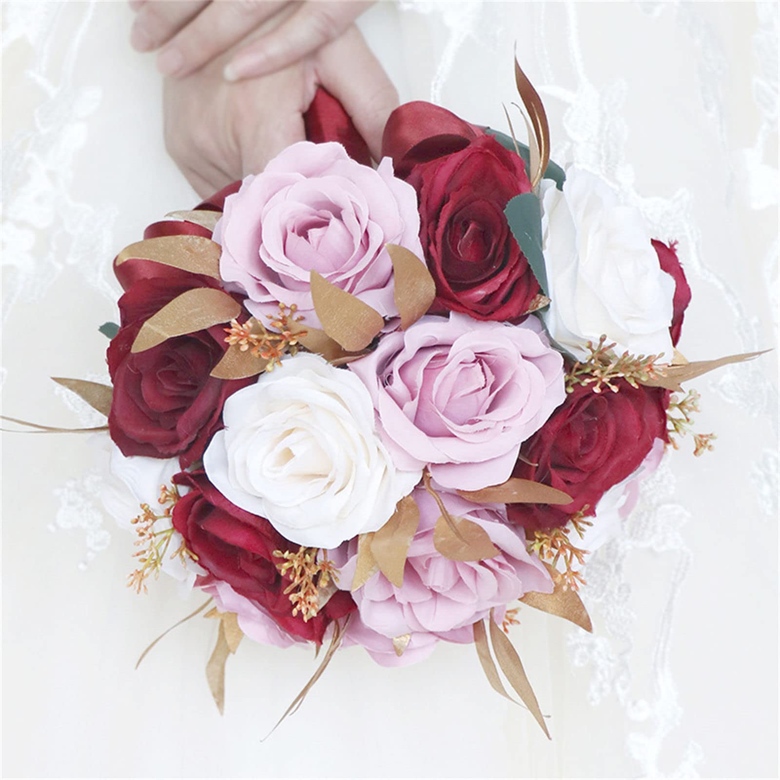 Bouquet di Fiori Artificiali da 8 Pollici, Rose Bianche finte in Seta, Bouquet da Sposa per Cerimonia, Anniversario, Baby Shower, Boho Rustico Vintage.