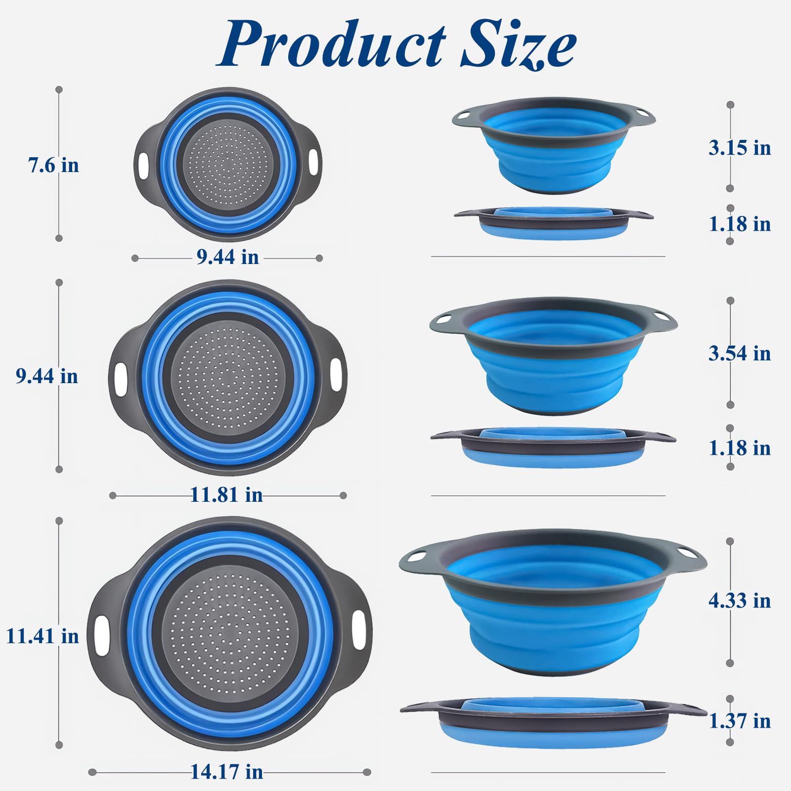 Set di 3 colini pieghevoli salvaspazio per cucina, 3 misure, colino per scolare pasta, verdura e frutta, gadget da cucina per uso domestico e campeggio all'aperto (blu)