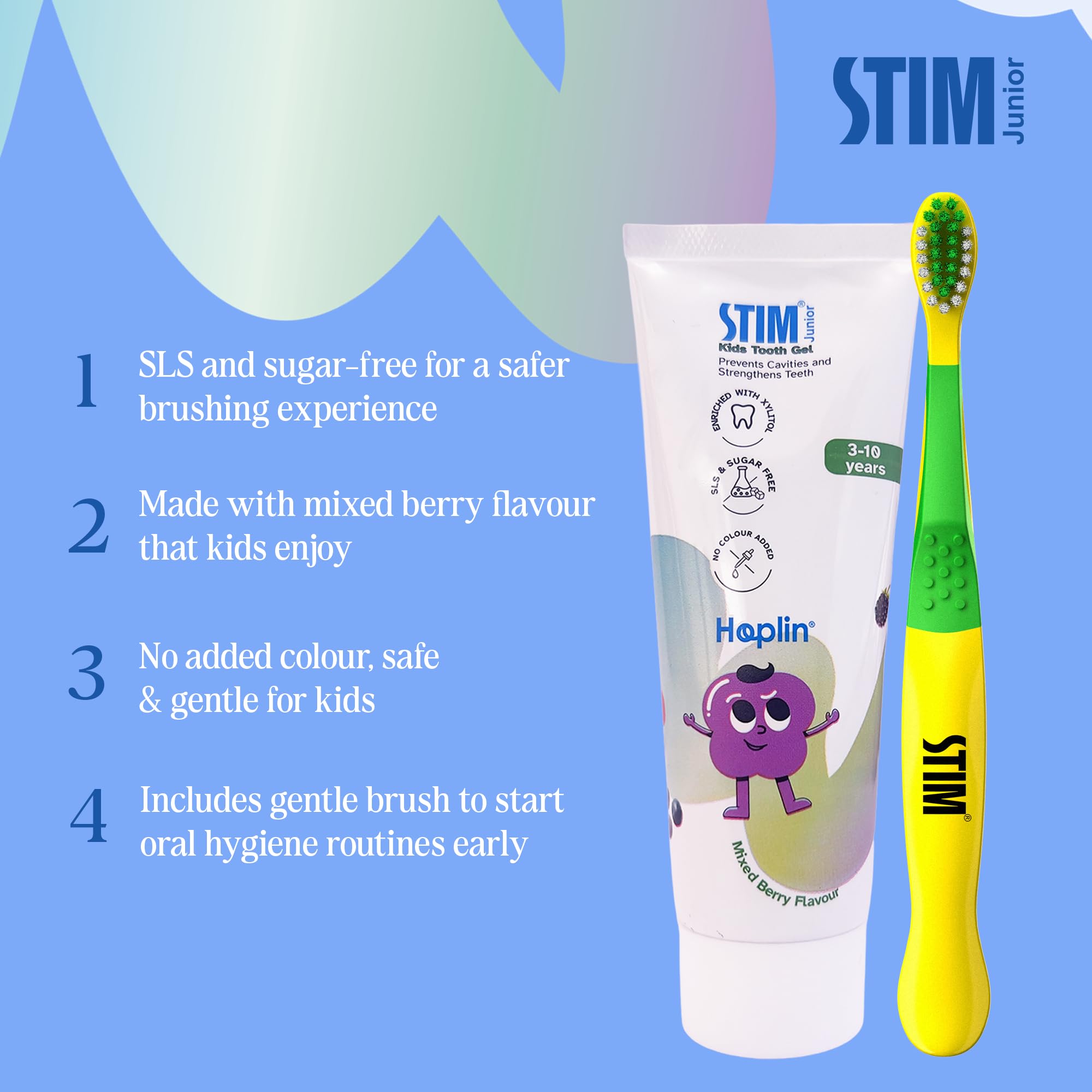 STIM Junior Kids Toothpaste | Age-Appropriate Fluoride | 3-10 Years | Mixed Berry Flavoured | SLS & Colour-Free Toothpaste | Enriched with Xylitol & Vitamin E | (Combo pack with toothbrush) - 2 Brushes - Image 4 thumbnail
