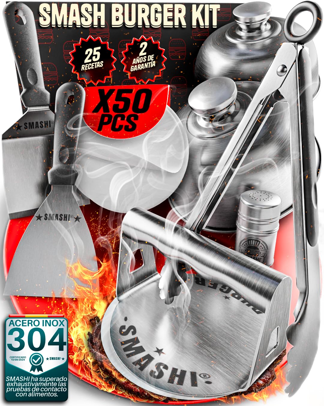 SMASHI Kit Smash Burger Acciaio Inox 304 - Smasher, 2 spatole Smash, 2 coperchi Smash, pressa hamburger, portaspezie e pinzette | Set professionale per cucina, BBQ e ristorante