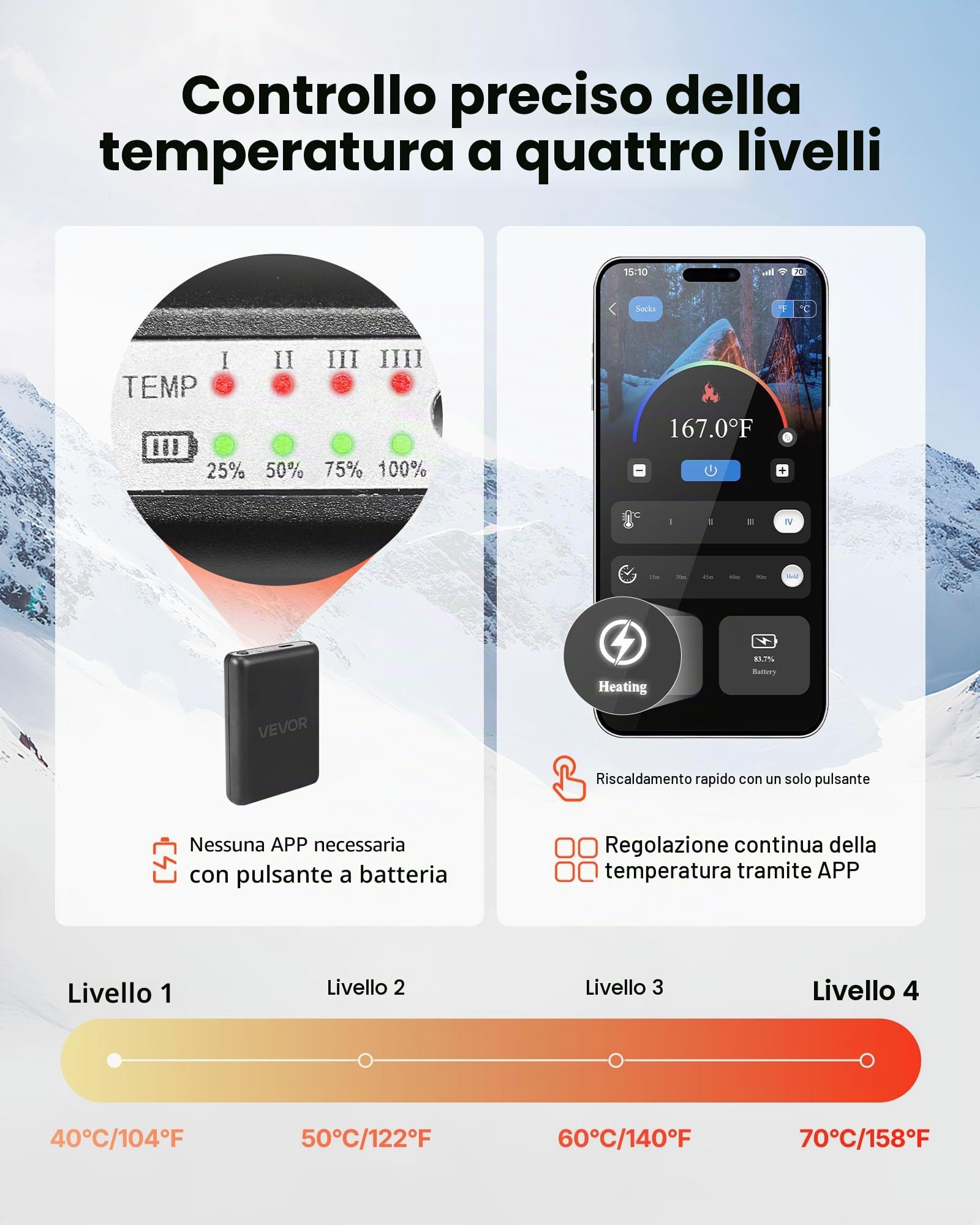 VEVOR Calze riscaldate, batteria 5000 mAh, calze riscaldanti ricaricabili con 4 livelli di riscaldamento, calze riscaldate elettriche con controllo app per uomini e donne, scaldapiedi per caccia