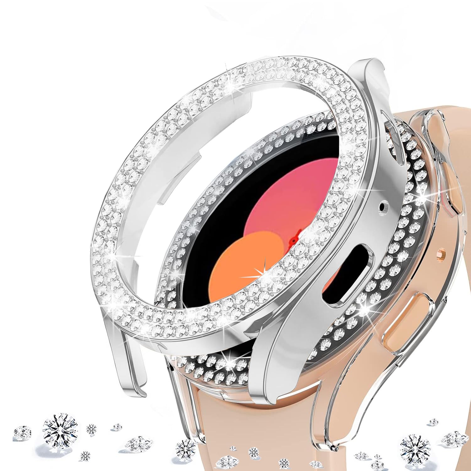 DEALELE [2-PACK] Case Compatible with Samsung Galaxy Watch FE / 5/4 40mm, Bling Double-row Diamond PC Protective Case Protector Cover, 40mm, Silver + Transparent