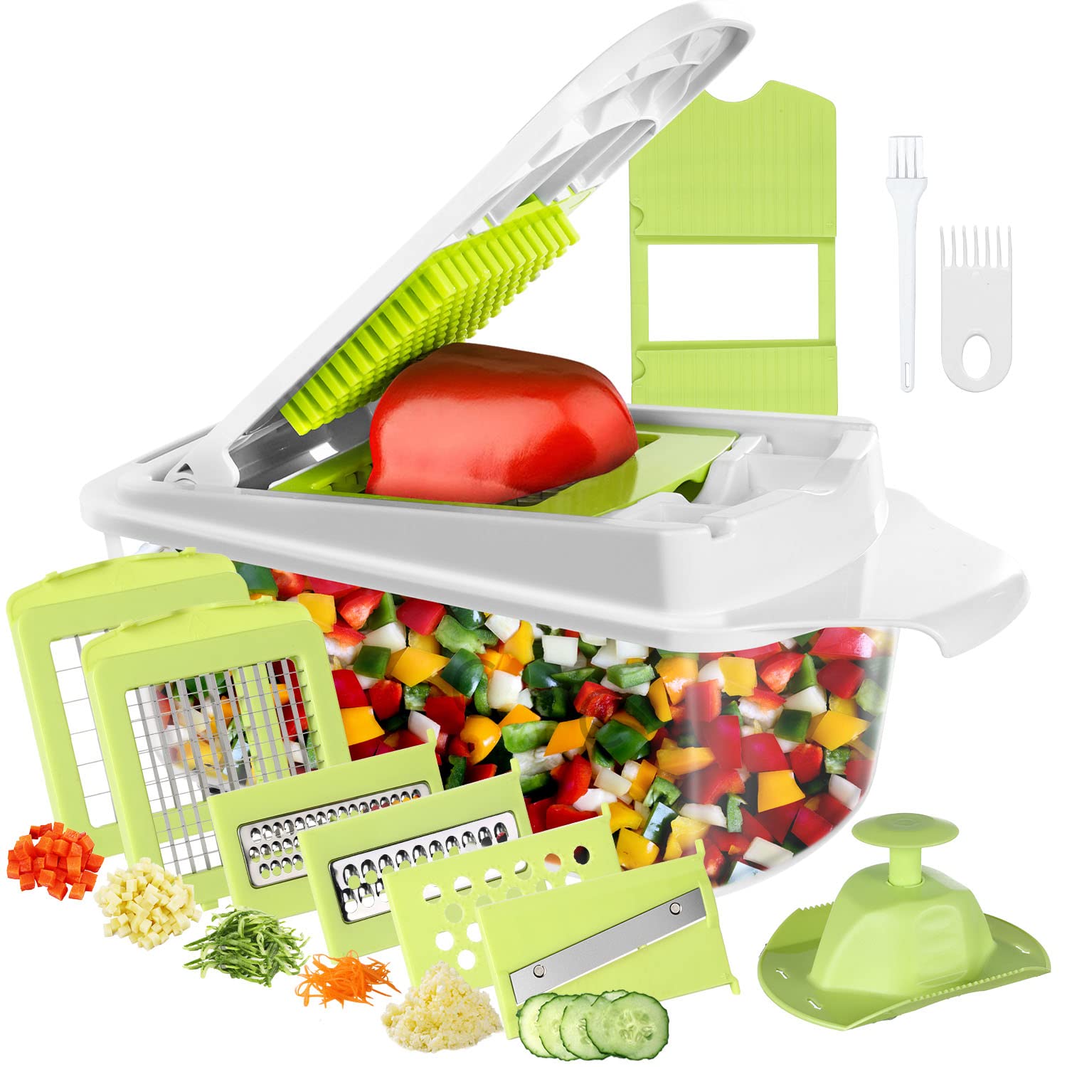 Vegetable Cutter Fruit Cutter Vegetable Choppers Mandolin Slicer Onion Chopper Food Chopper Veg Chopper Dicer Julienne with Container, Cleaning Brush