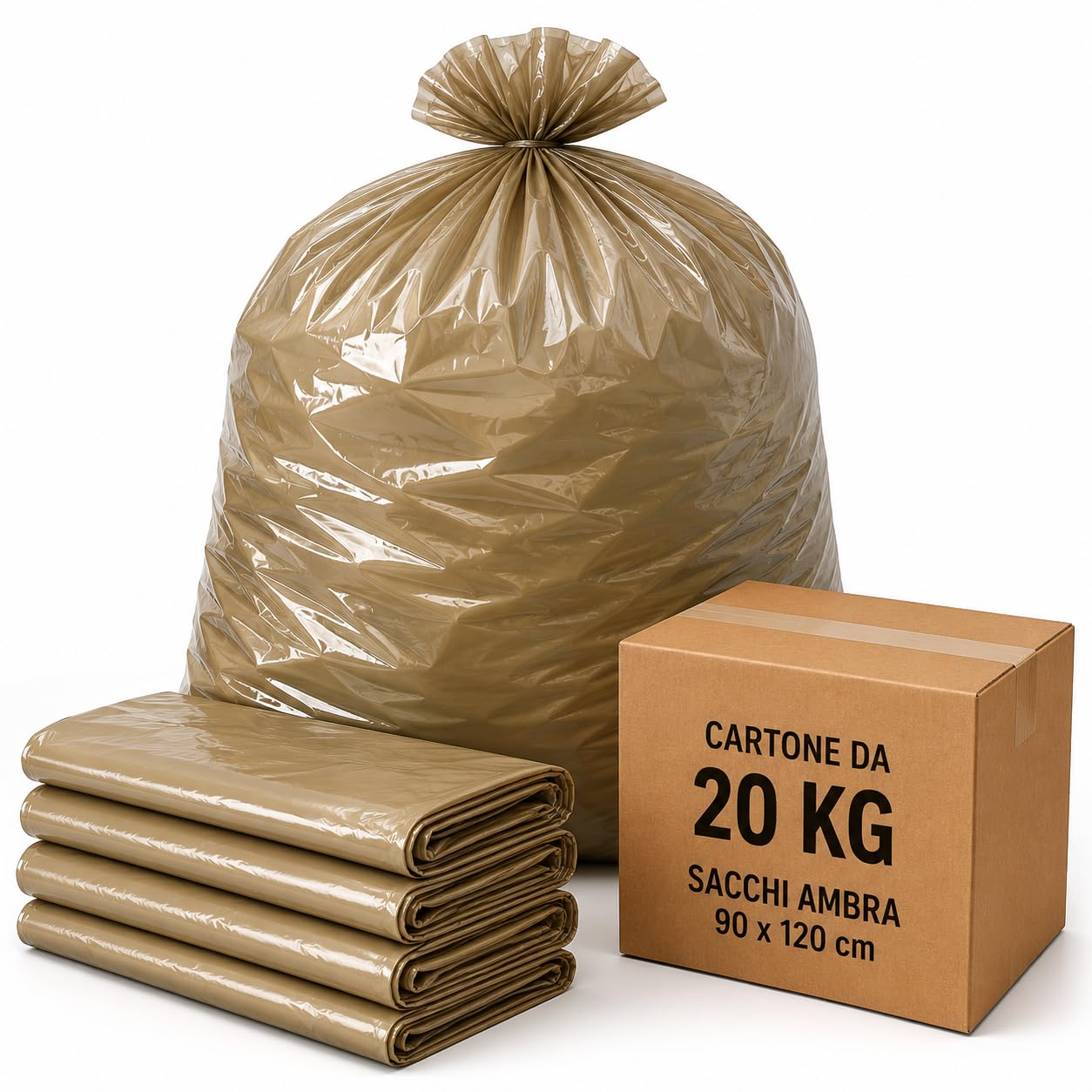 Sacchi Ambra per Spazzatura Alta Resistenza, Sacchi per Immondizia Professionali per Raccolta Rifiuti, Cartone da 20 Kg, misure 90 x 120 cm
