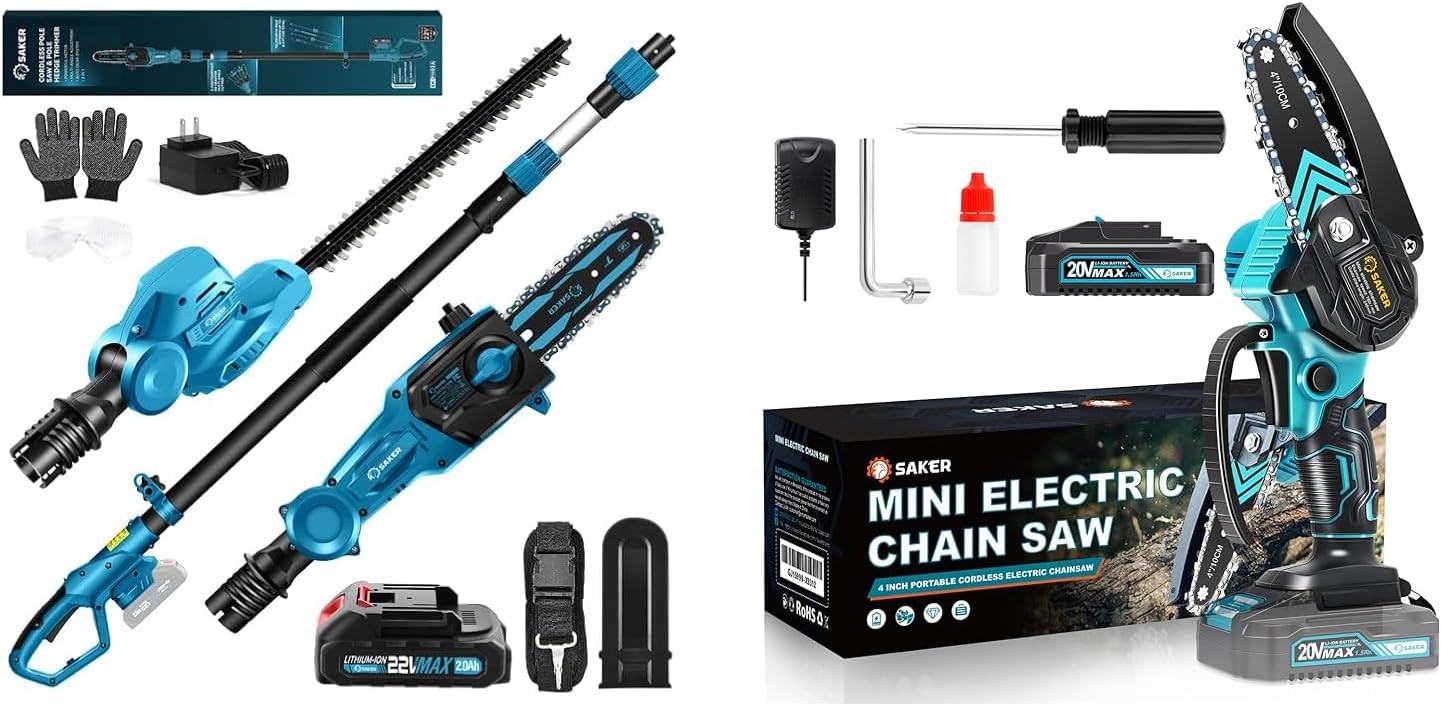 Saker Mini Chainsaw AND Saker Pole Saw and Pole Hedge Trimmer for Tree Trimming