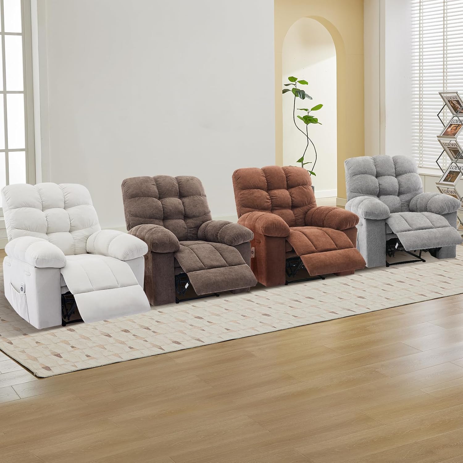Recliner Chair, Wide Rocker Chair, Rocking Chair with Massage and Heat, Heat Ergonomic Overstuffed Breathable Fabric Reclining Chair with 2 Side Pockets, Remote Control, Living Room, Bedroom