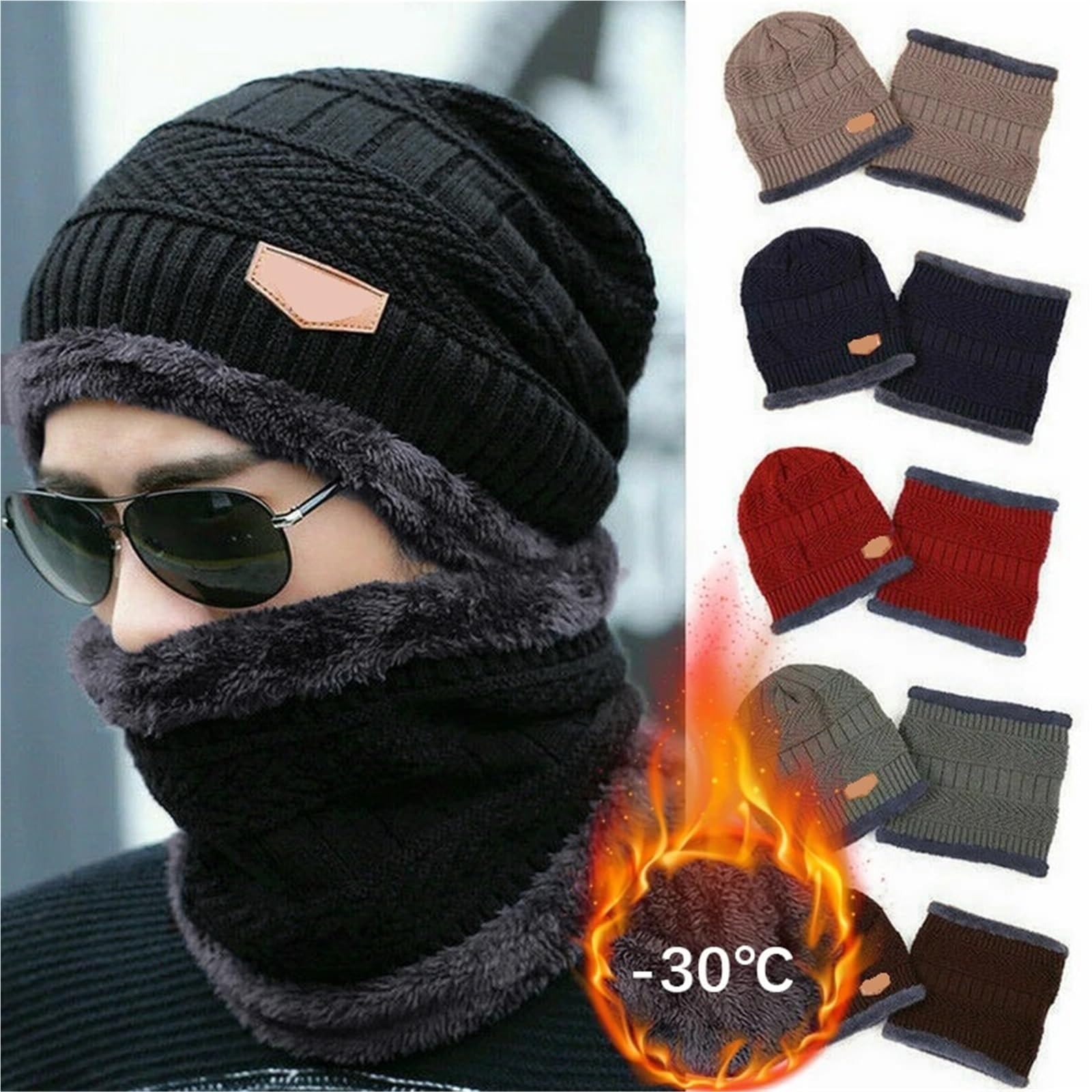 Gorros de punto para hombre y mujer, gorro de terciopelo, bufanda de forro polar coral, para montar al aire libre, cálido, grueso, más protección para el cuello