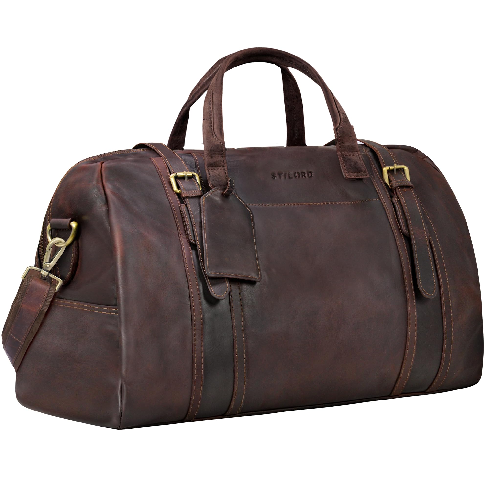 STILORD Vega Vintage Bolsa Viaje Piel Marrón Pequeño Bolso de Viaje Cuero Genuino Bolsa Fin de Semana Mujer Hombre Deporte Duffle Bag con Asa y Bandolera 34 L, 50x23x30
